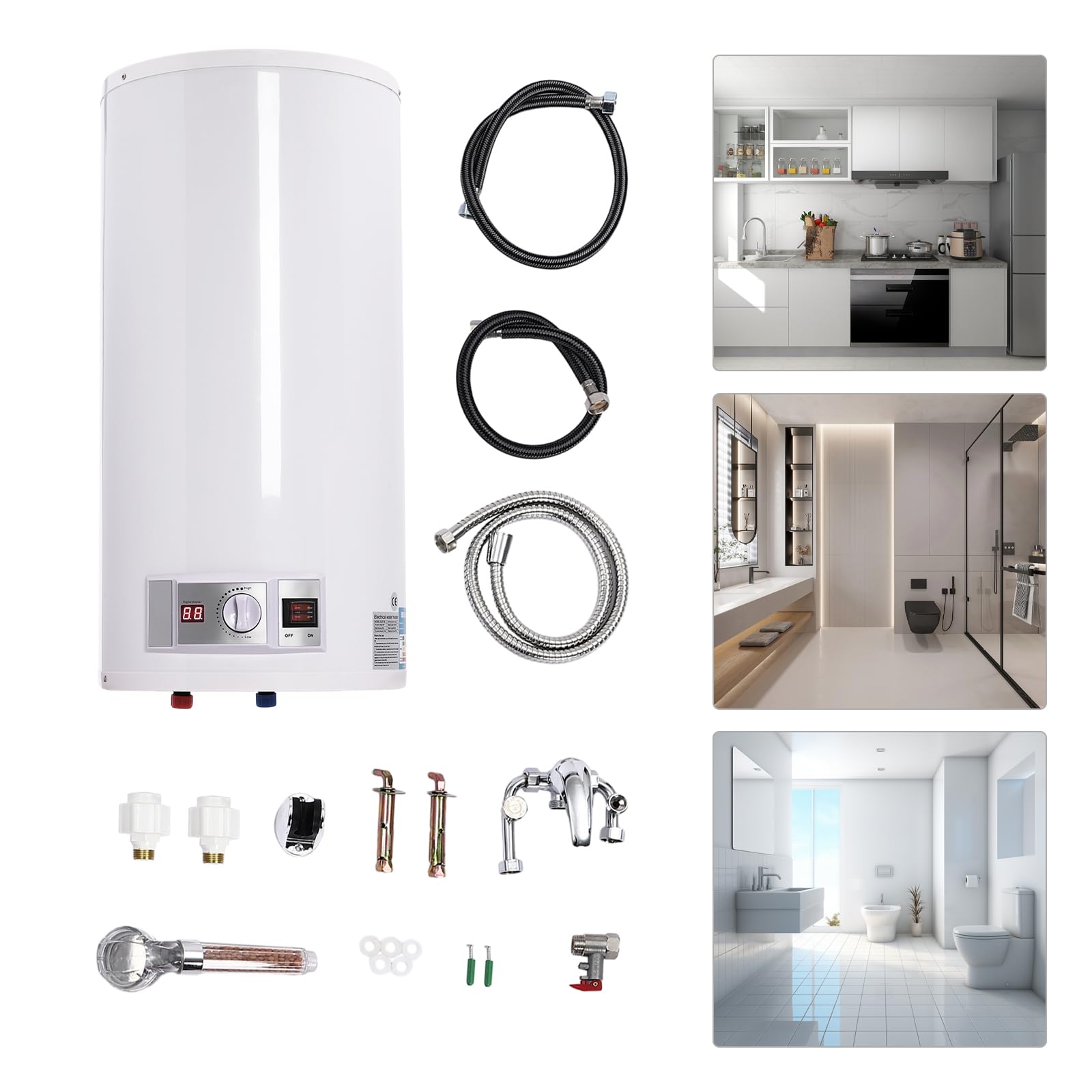 Depósito de agua caliente eléctrico de 80 litros, 2000 W, colgante de pared, calentador de agua caliente de 25 – 75 °C, dispositivo con juego de ducha para cocinas, inodoros, apartamentos