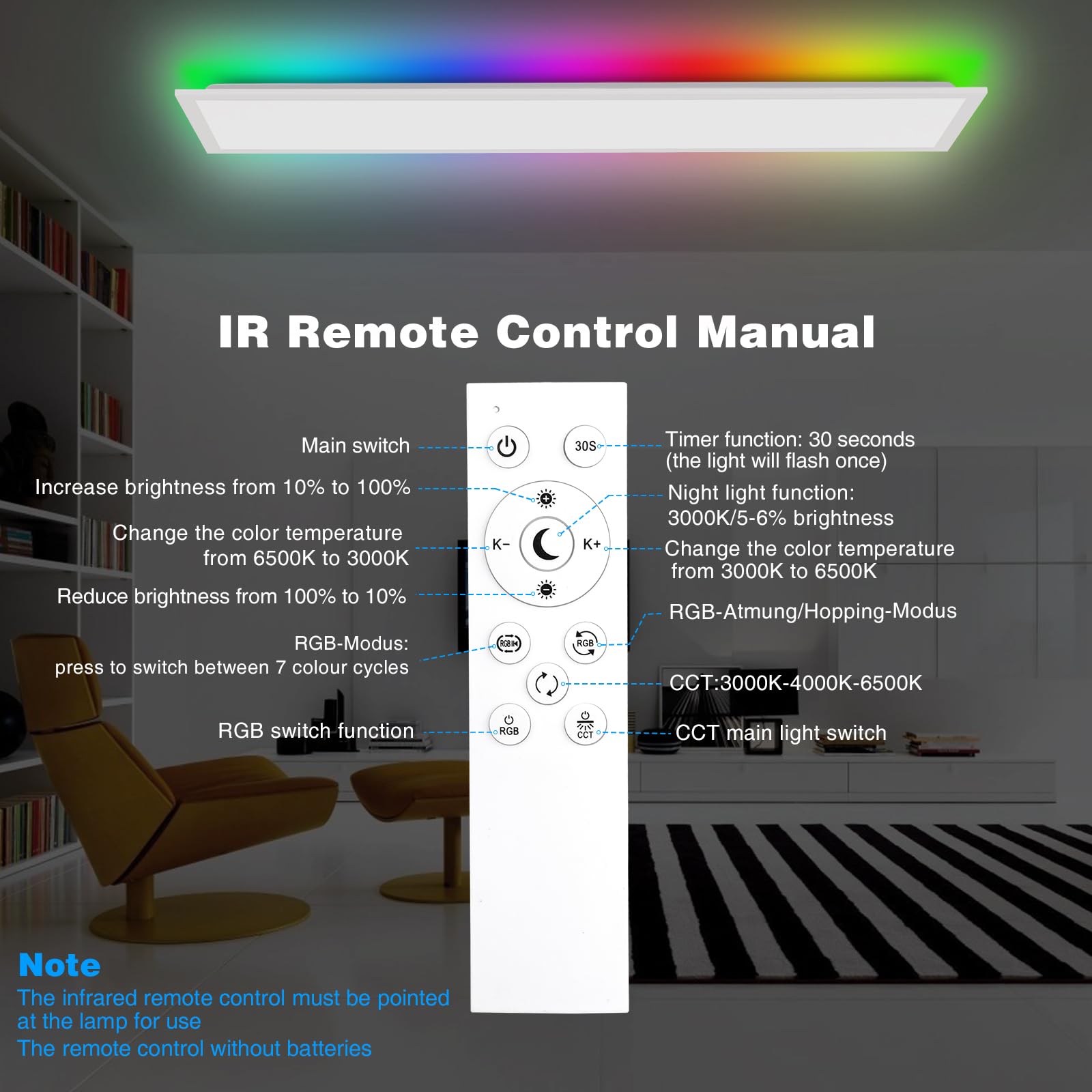 Panneau de plafonnier à LED, 100x25cm plafonnier plat à intensité variable avec télécommande, lampe de panneau de plafond 30W avec fonction de mémoire, 2700K-6500K panneau d'éclairage à LED