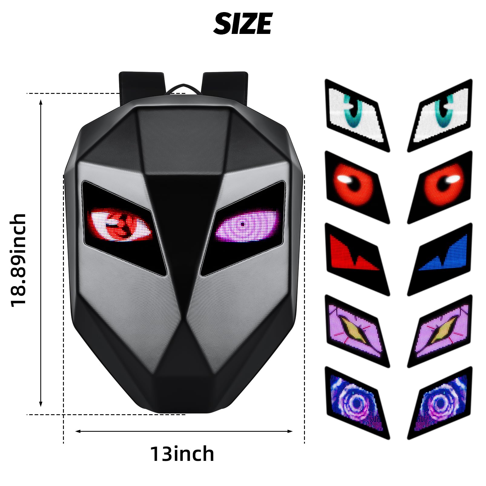 Sac à dos LED pour motard homme, Sac à dos de moto étanche avec ordinateur portable, Affichage couleur complet et yeux programmables DIY,Noir