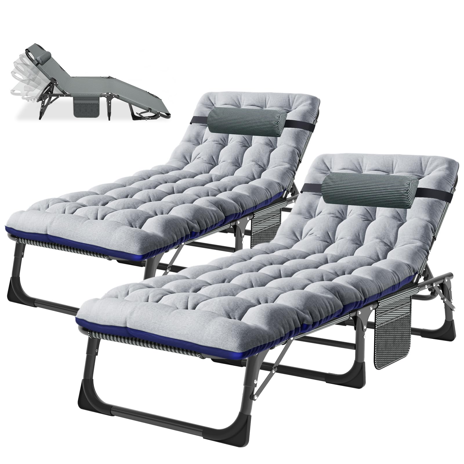 2er Set Sonnenliege Klappbar mit Matratze, 200kg Belastbar Gartenliege Liegestuhl mit Seitentasche und Kopfstütze, Verstellbare Rückenlehne Relaxliege für Balkon, Garten, Strand