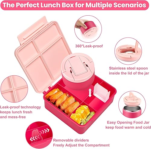 Miniatura 2 de Lonchera Bento para niños con termo de sopa de 8 onzas, recipientes de comida a prueba de fugas para niños con 4 compartimentos, tarro térmico