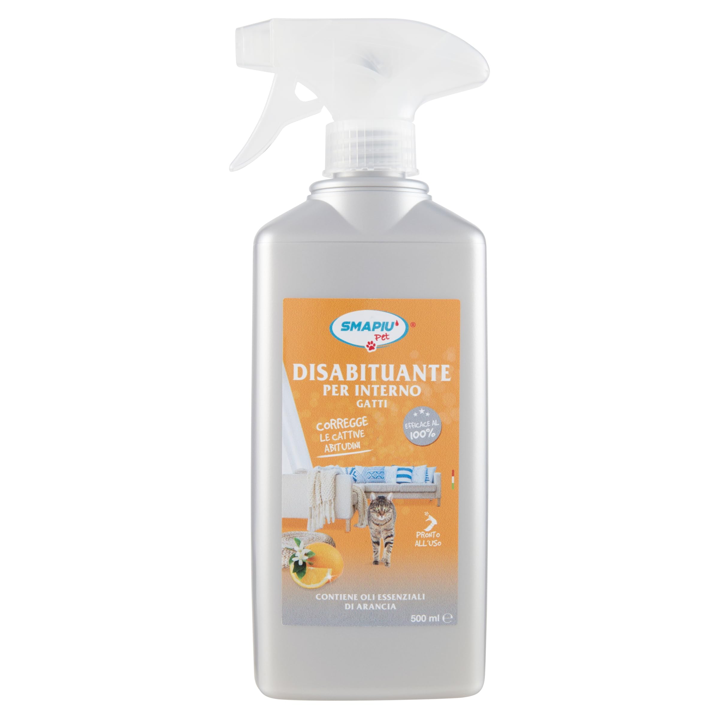 SMAPIU' Disabituante dissuasore Repellente Spray per Gatti da Interno Naturale con Oli di Arancia Anti pipì 500 ml Pronto all'Uso
