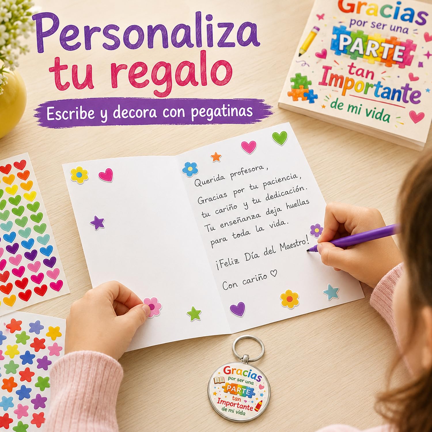 Regalo Profesora, Set de 3 Tarjetas y 3 Llaveros para Profesora, Regalo para Profesora Infantil con Pegatinas, Detalle de Agradecimiento para Maestra, Fin de Curso, Día del Maestro