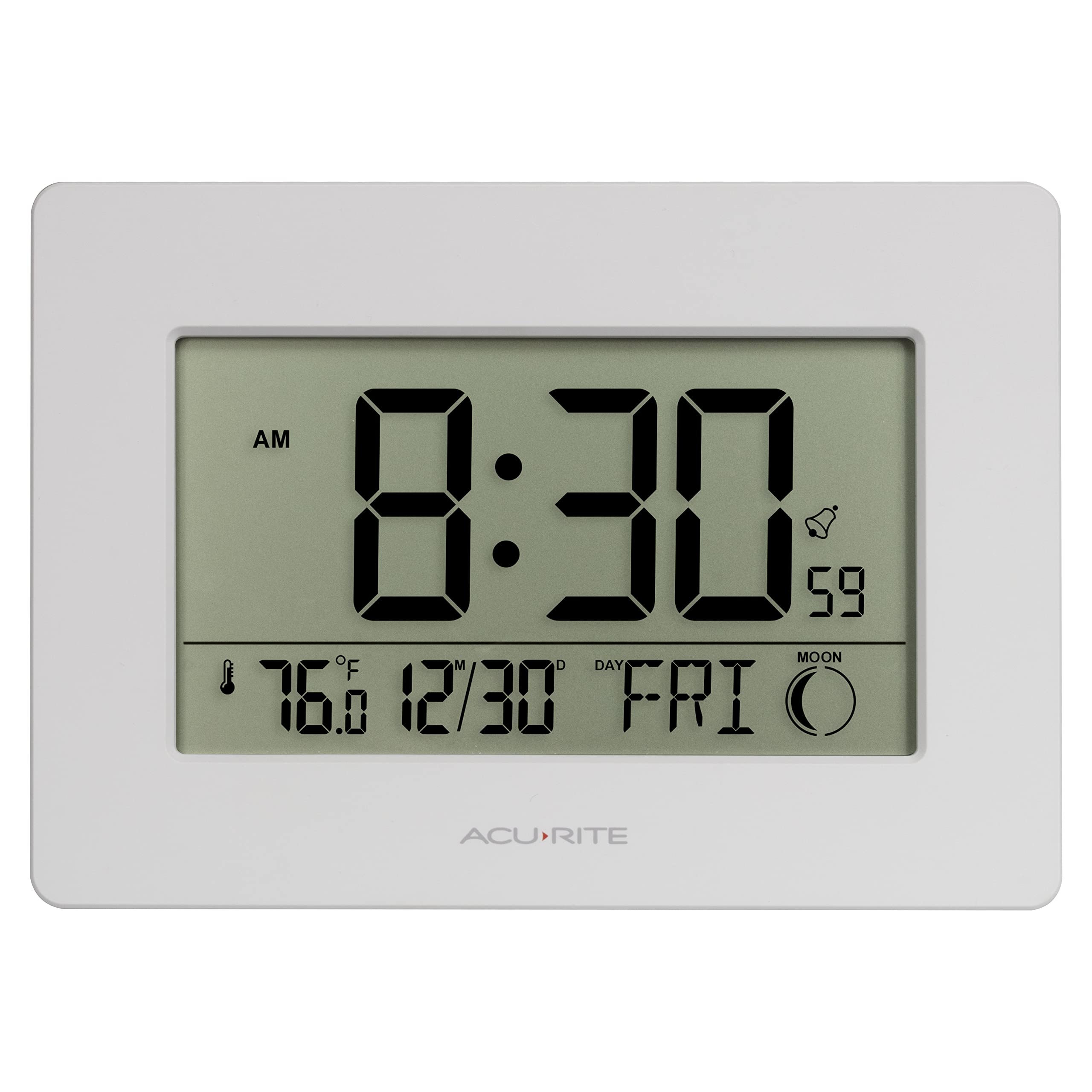 AcuRite Wireless Digital Wall/Tabletop Clock with 4 Interchangeable Plastic Frames - Stainless Steel, Bamboo, Matte Black, and Matte White – with Date, Indoor Temperature, and Moon Phase (75439)