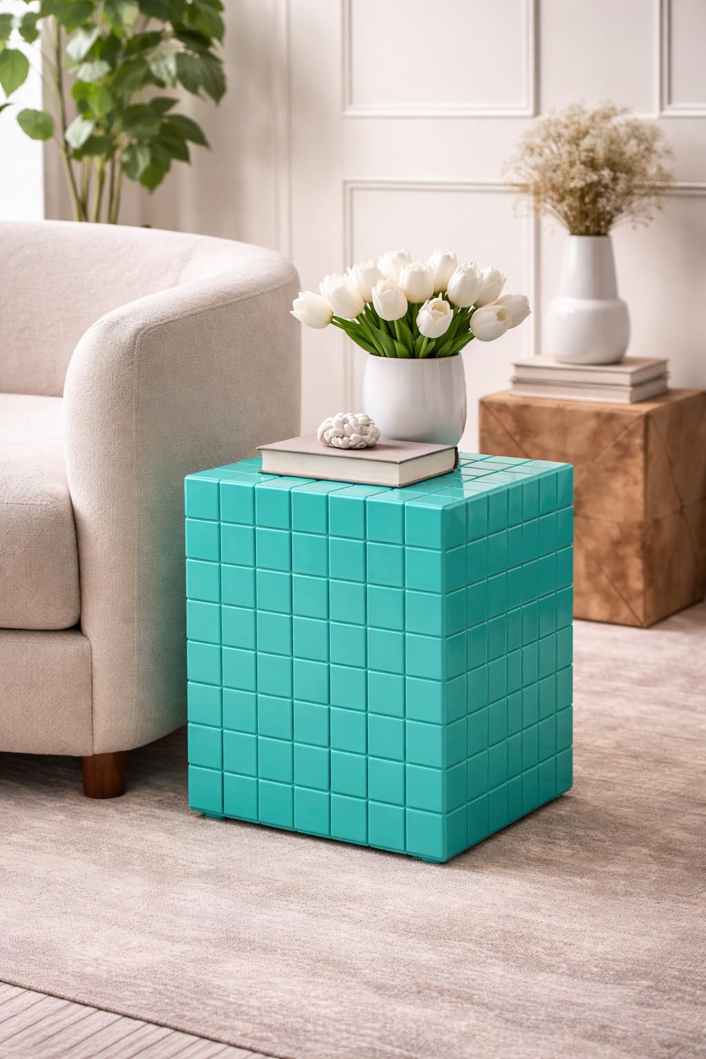 Brown Art SHOPPEE Tiled Cube Accent Bedside Table Coffee Stand Home Storage Organizer for Living Room Bedroom () (Green)