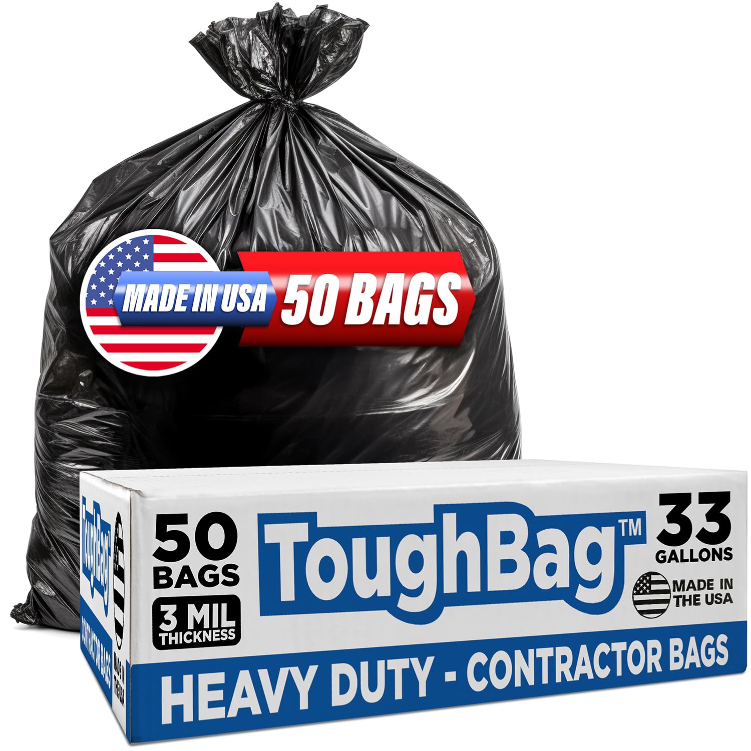 ToughBag 30-33 Gallon Trash Bags Heavy Duty (50 COUNT) 3 Mil Contractor Trash Bags – Heavy Duty Black Contractor Can Liners - Made In USA