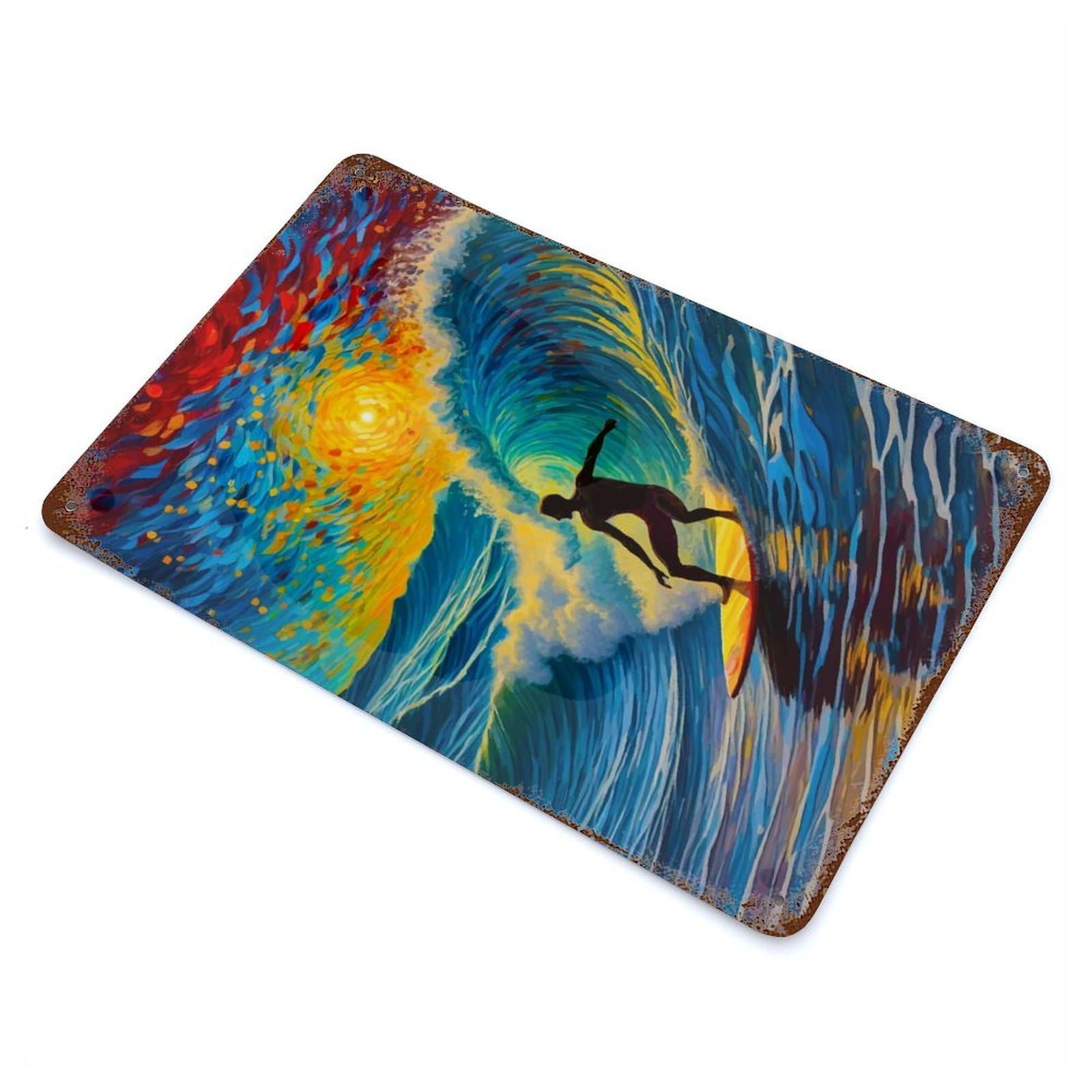Rust Effect Surfer in Sunset Wave Starry Night Weathered Tin Sign 11.8"x7.9", Classic Wall Plaque for Living Room, Hallway And Home Decor