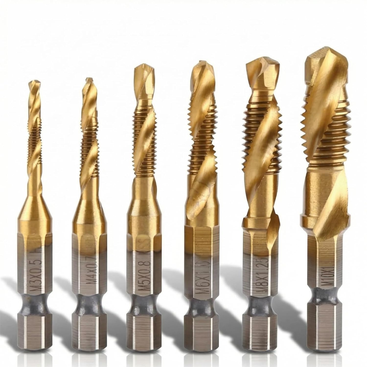 6 PCS Combination Drill and Tap Set, Professional HSS Titanium Thread Tap Drill Bit Set in 6-32NC 8-32NC 10-32NC 10-24NC 12-24NC 1/4-20NC, Quick Change Screw Tapping with 1/4”Hex Shank