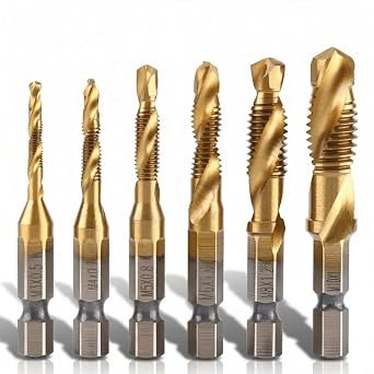 6 PCS Combination Drill and Tap Set, Professional HSS Titanium Thread Tap Drill Bit Set in 6-32NC 8-32NC 10-32NC 10-24NC 12-24NC 1/4-20NC, Quick Change Thread Tapping with 1/4Hex Shank
