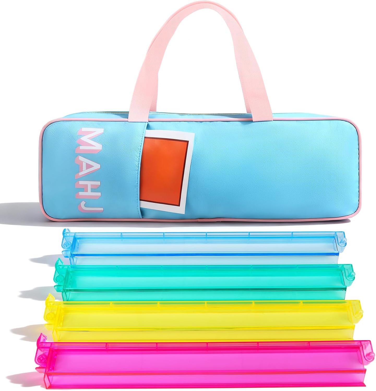 Mah Jong Game Set (Includes 4pcs Mahjong Racks with Pushers and Mahjong Rack Bag) 21 X 6.5 X 2 Inch Mahjong-Rack Storage Bags, Mahjong Racks with Pushers Set of 4 for Full Tiles Set-Pink