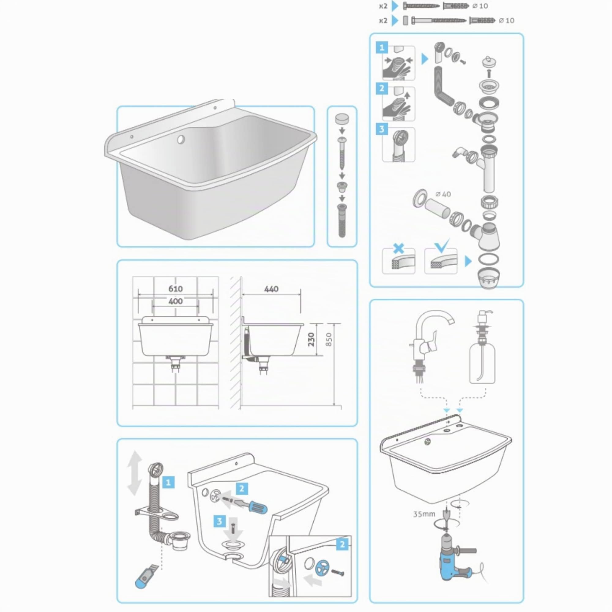 Lavabo con sifón de plástico gris granito color, 61 cm de longitud colgante instalación de agua cocina baño lavabo resistente