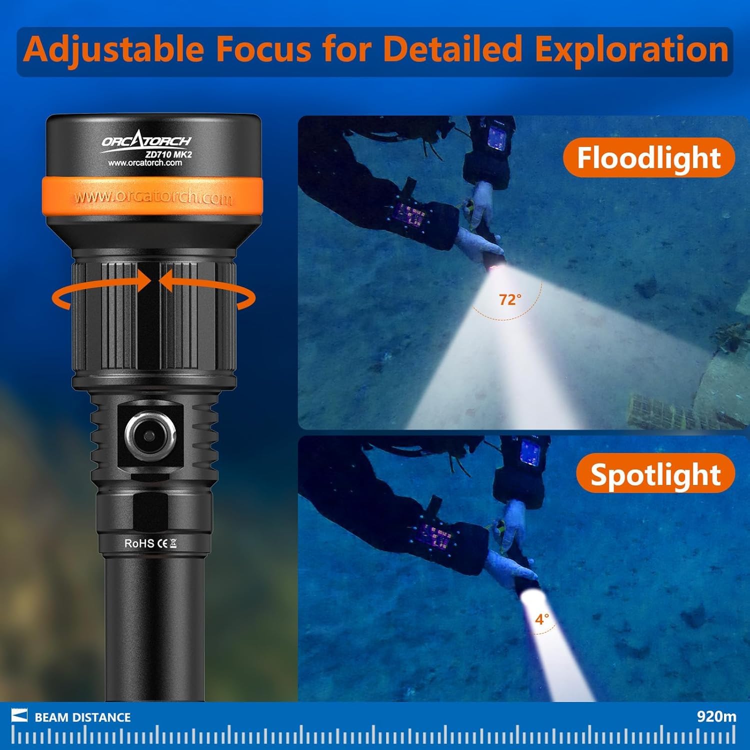 ORCATORCH ZD710MK2 Tauchlampe LED mit Zoom, 1500 Lumen Taucherlampe mit 4 Modi 2-in-1 Spot und Flutlicht, IP68 Wasserdichte Unterwasser Taschenlampe für Unterwasser 150M Tauchen, Camping