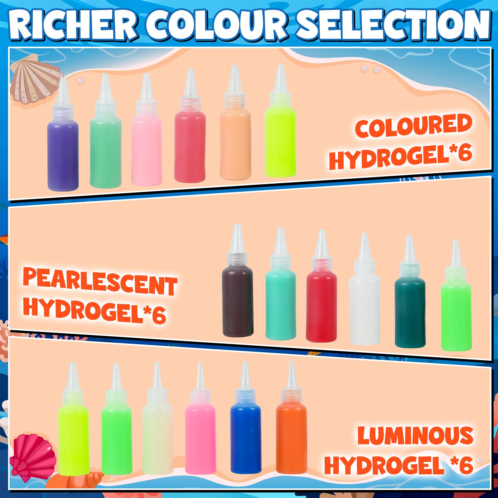 JONRRYIN Acqua Gel Set Creativo, 62 PCS Magico Water Elf Kit con 16 Formine, Gel D'acqua Magico Che Brilla al Buio Kit Elfi Magici Regalo per Bambini 4+