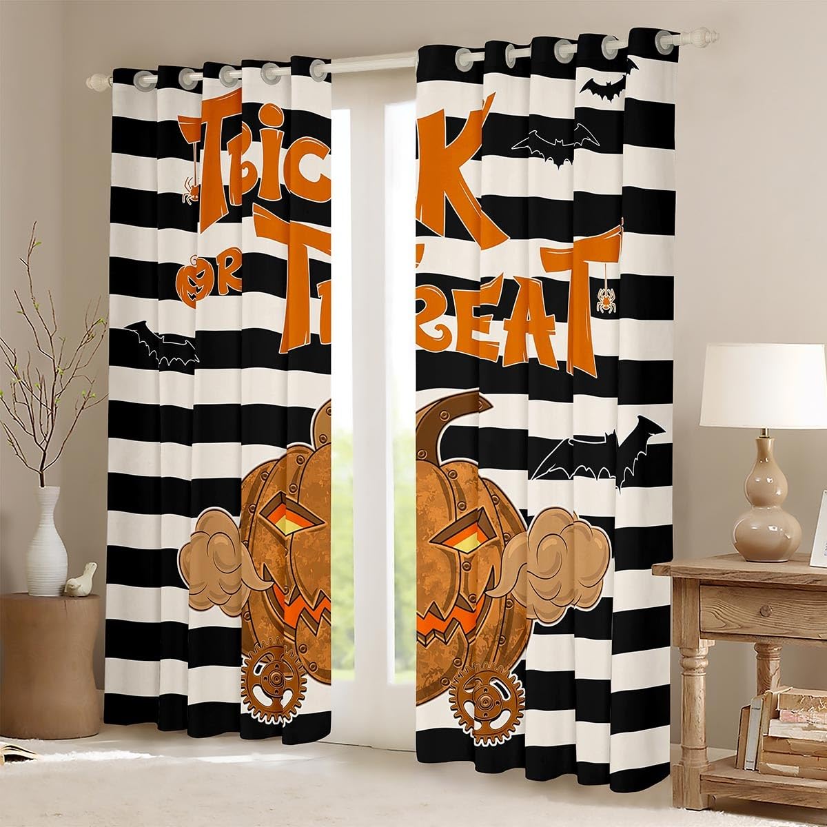 Homewish Halloween Dekor Verdunkelungs vorhänge Kürbis Laternen Vorhänge für Zimmer,Schwarz und Weiß Streifen Vorhänge 140Bx245L 2 Panels,Gotische Gespenstische Fledermaus Fenster Vorhänge