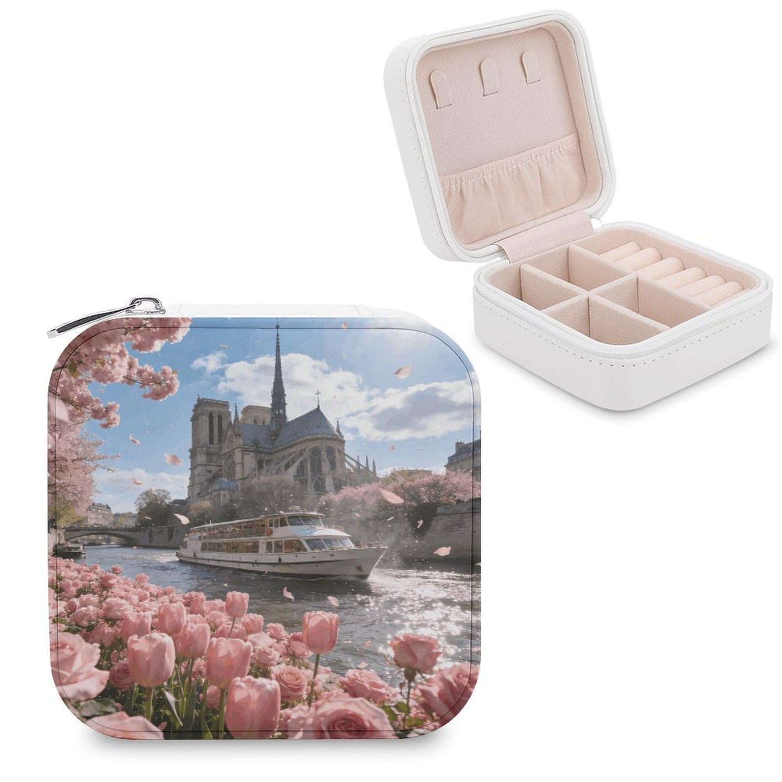 LZQPOEAS Pink Parisian Bloom Jewelry Box, PU Patterned Storage Case, Portable Travel Jewelry Organizer Box for Storing Rings, Pendants, Earrings, Necklaces, And Women's Specialized