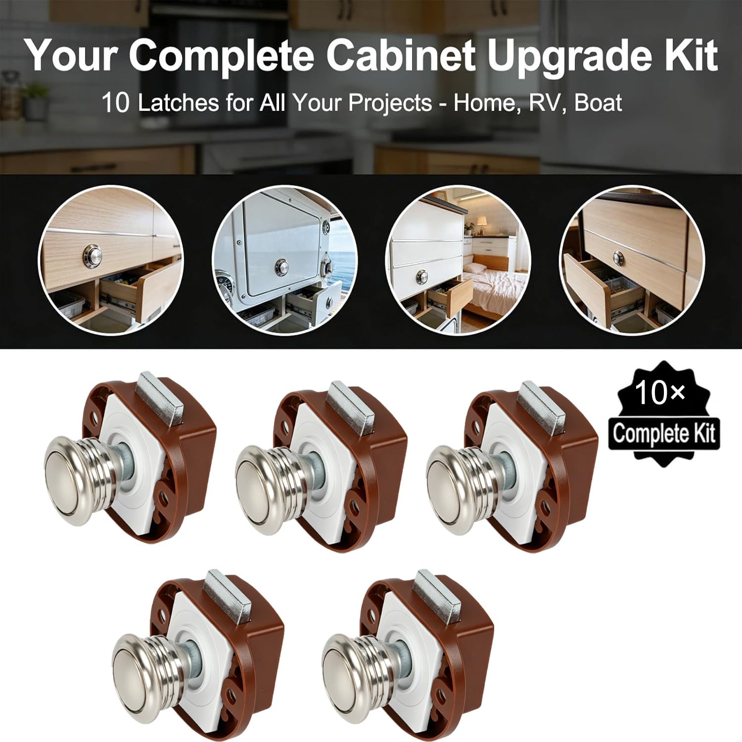 10 Pièces Bouton Poussoir,avec Pièces d'assemblage,pour Porte de Caravane,Van,Yacht Drawer Cabinet,Placard,Tiroir (Marron)