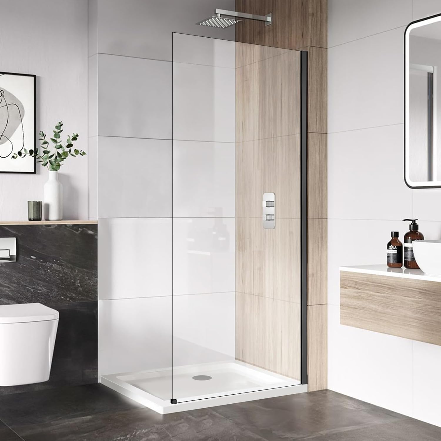 34" W x 74" H Shower Glass Panel, Frameless Fixed Shower Screen with 5/16" (8mm) Clear Tempered Glass, 20mm Adjustable Width, Nano Coating (Matte Black, 34" W x 74" H) Matte Black 34" W x 74" H