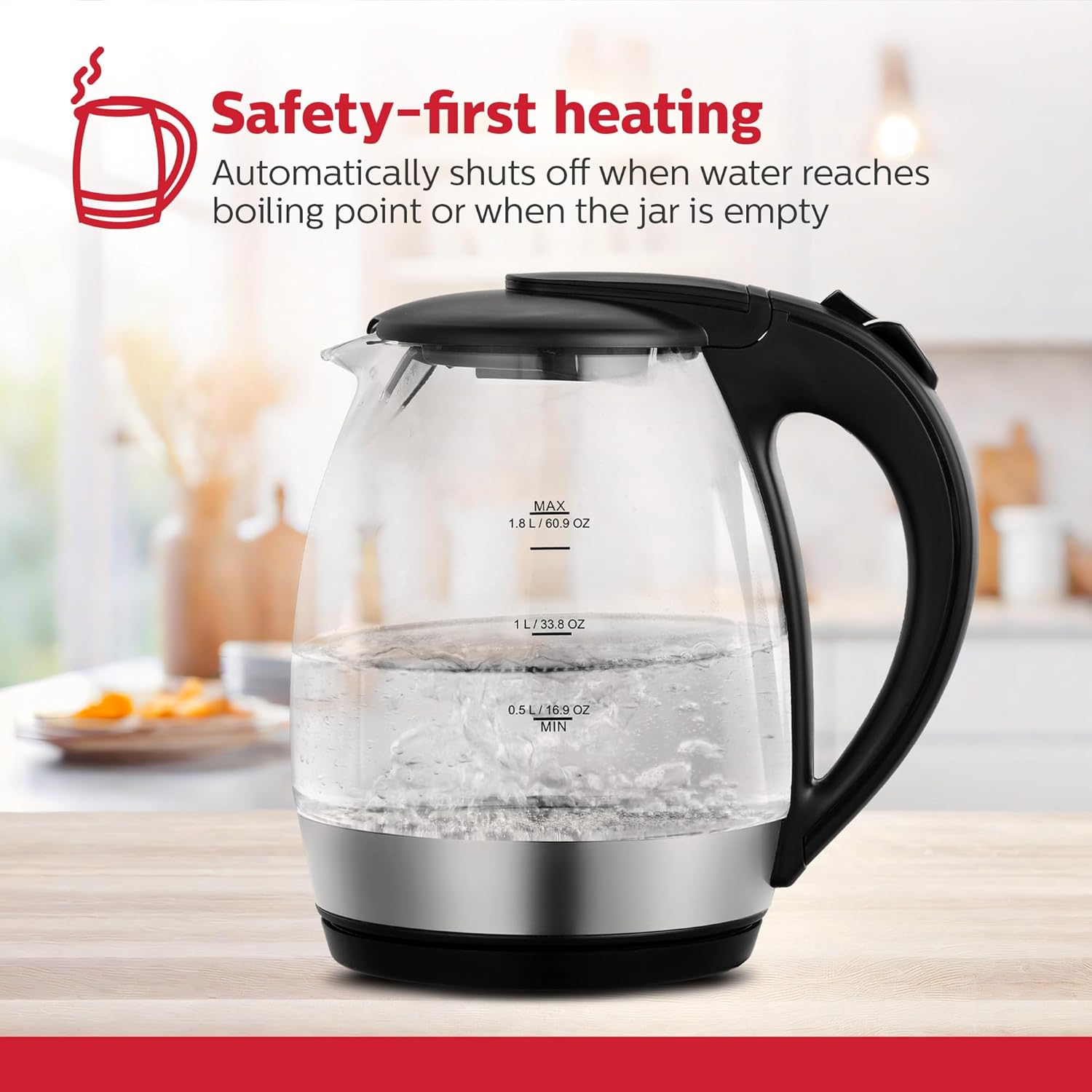 Holstein Housewares - Electric Kettle with Boil-Dry Protection & Auto Shut-Off, Quickly Boils Water for Tea, Coffee, and Instant Soup, 1.8L, Black