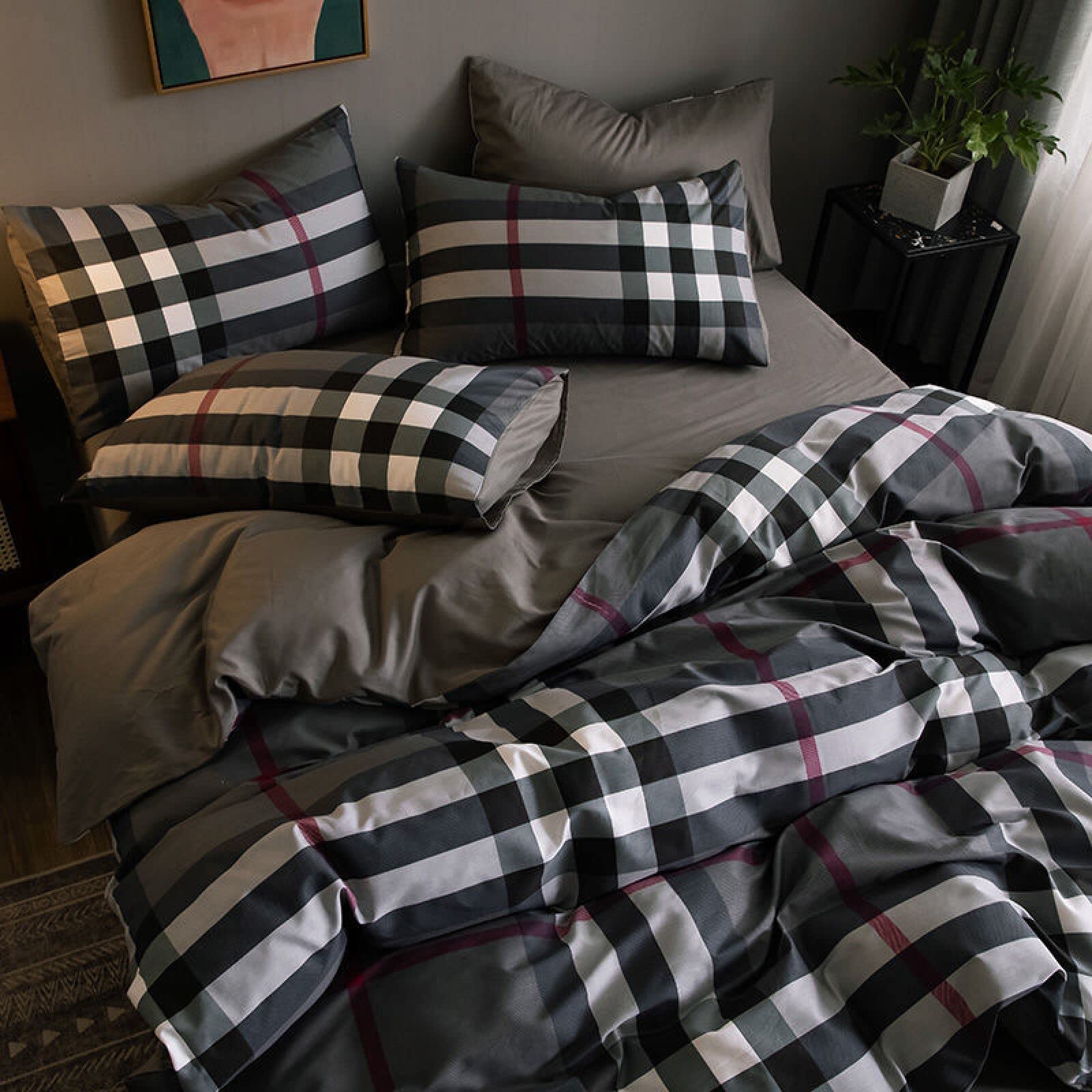 Set di Bedding Matrimoniale 220 X 240 Scozzese Nero - Copripiumino e 2 Federe in Microfibra, Set Di Biancheria Da Letto in 3 Pezzi, Biancheria da Letto