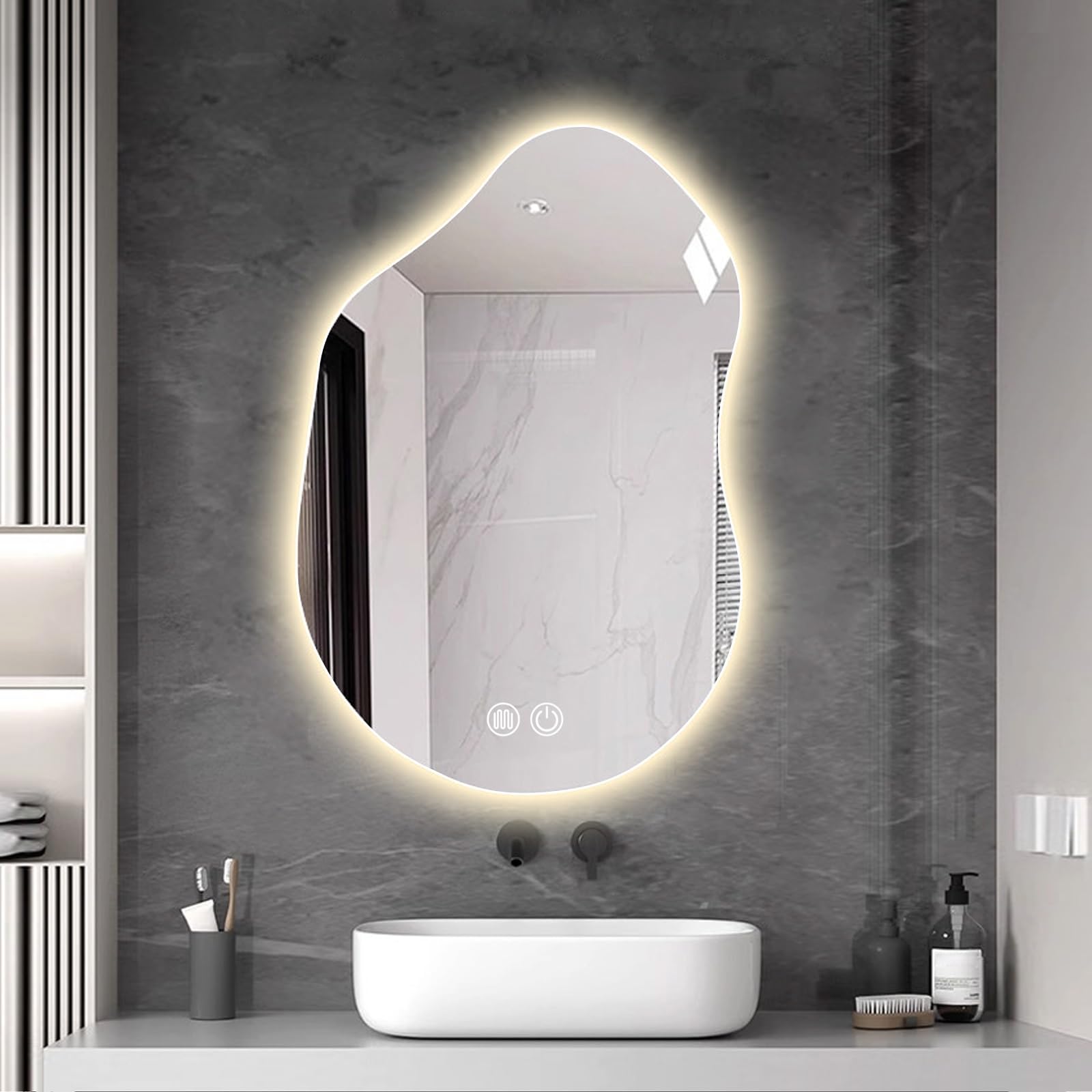 Specchio con Luci Irregolare, Moderno Asimmetrico, Specchio Bagno con Luce, Antiappannamento, 3 Temperature di Colore/oscuramento Continuo(50x70cm/20x27in)