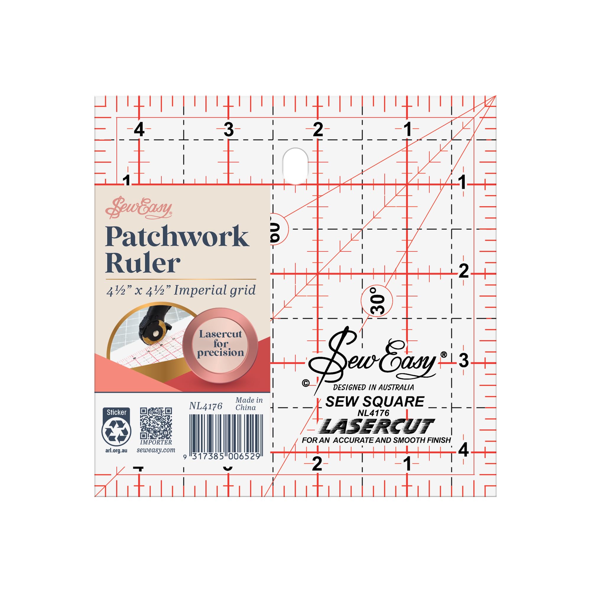 Sew Easy 4.5” Square Template – Quilting & Patchwork Rule for Applique Sewing, Transparent Acrylic Non-Slip