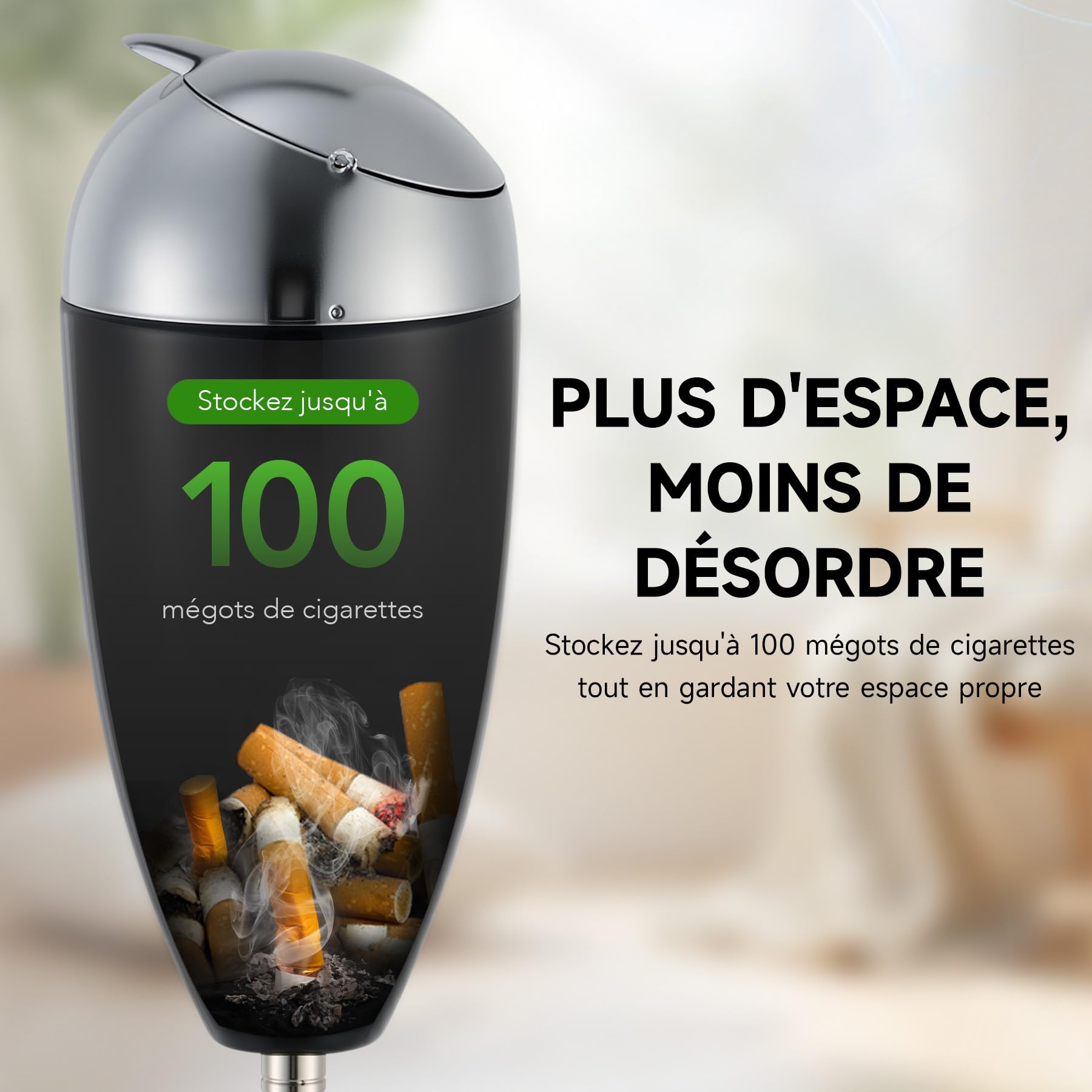 CO-Z Cendrier sur Pied Intérieur et Extérieur Hauteur Réglable 50/70/90 cm avec Couvercle en Acier pour Cigarettes pour Cigares pour Patio Décoration de la Maison et du Bureau, Noir