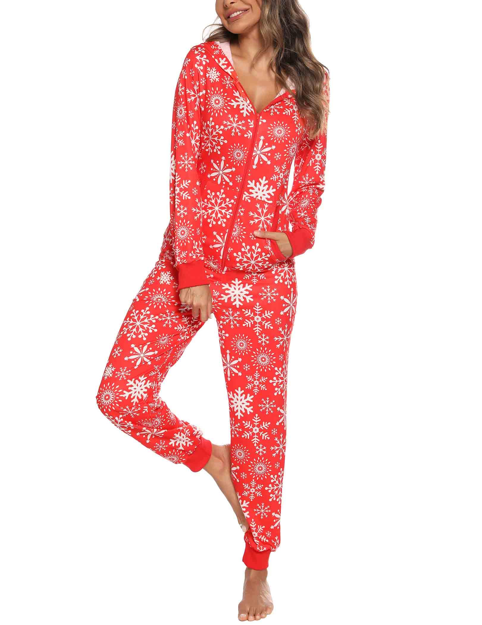 Damen Jumpsuit Onesie Overall One Piece Pyjamas Weihnachten Jumpsuit Hausanzug Schlafanzug Ganzkörperanzug Freizeitanzug Nachtwäsche Mit Kapuze & Reißverschluss