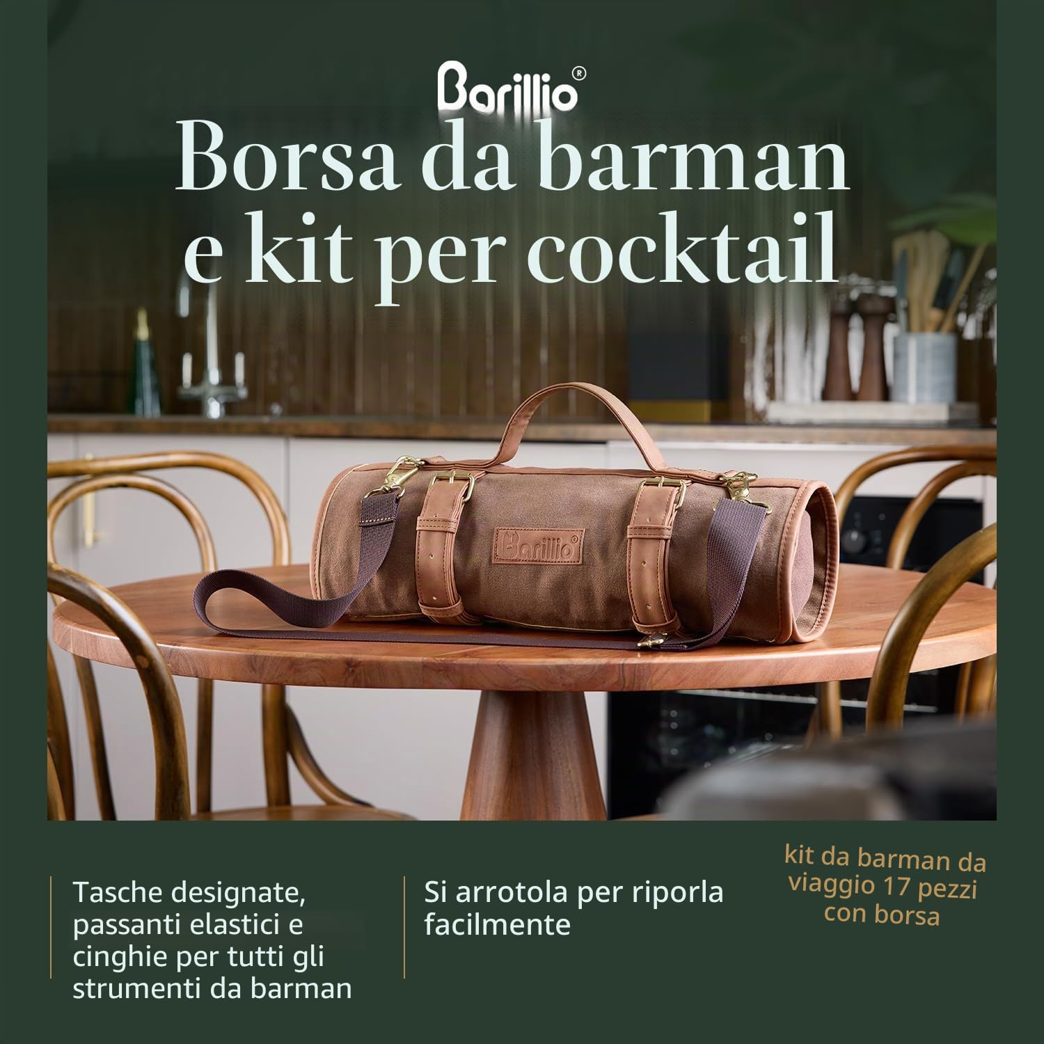Barillio Borsa da barista da viaggio con strumenti da bar, set professionale di 17 attrezzi da bar con borsa portatile in tela cerata con tracolla per un facile trasporto, set da cocktail da viaggio