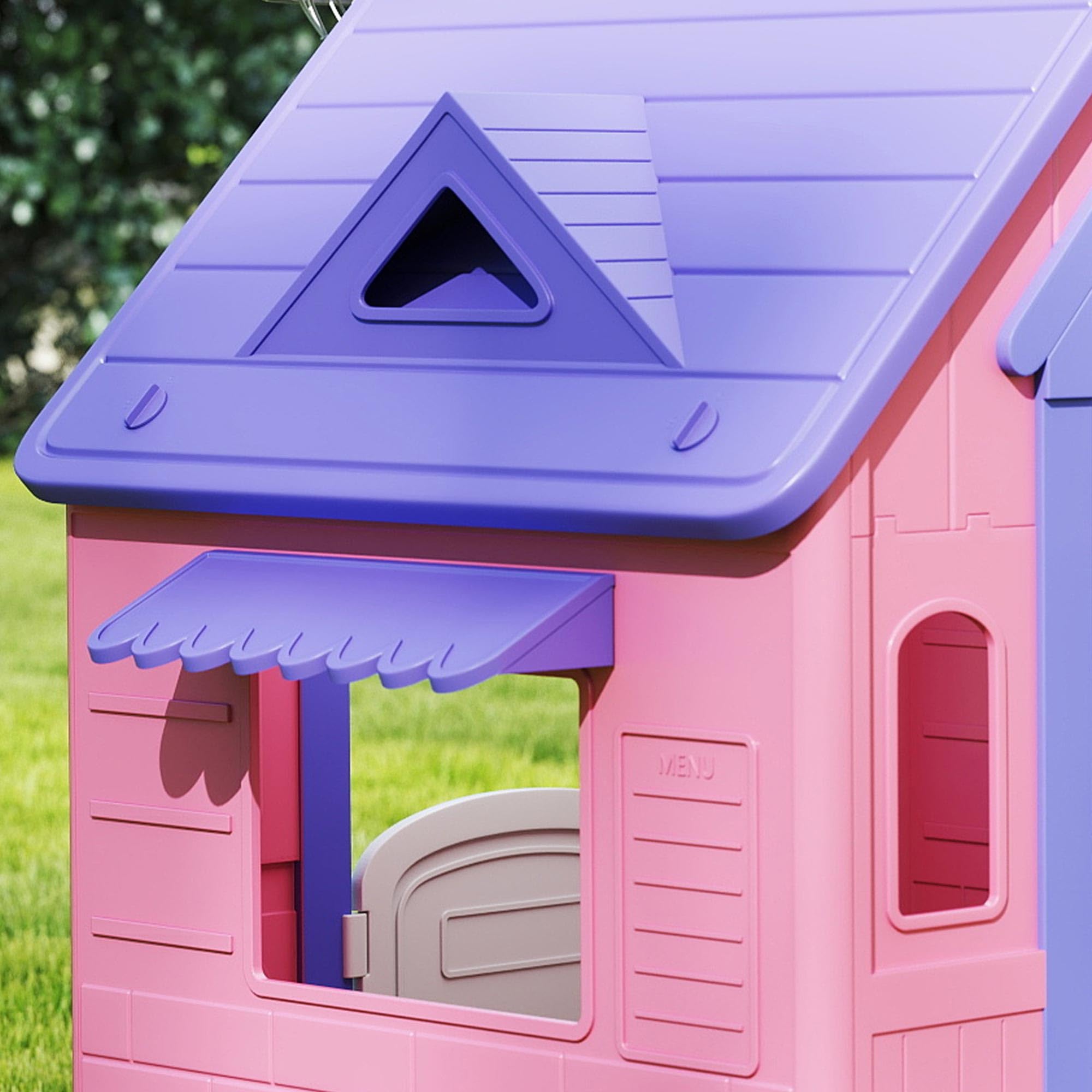 AIYAPLAY Casita Infantil Exterior e Interior 3 en 1 con Lanzamiento de Aros y Baloncesto Casita Infantil de Jardín Casa de Juegos para Niños 2-5 Años Rosa y Morado