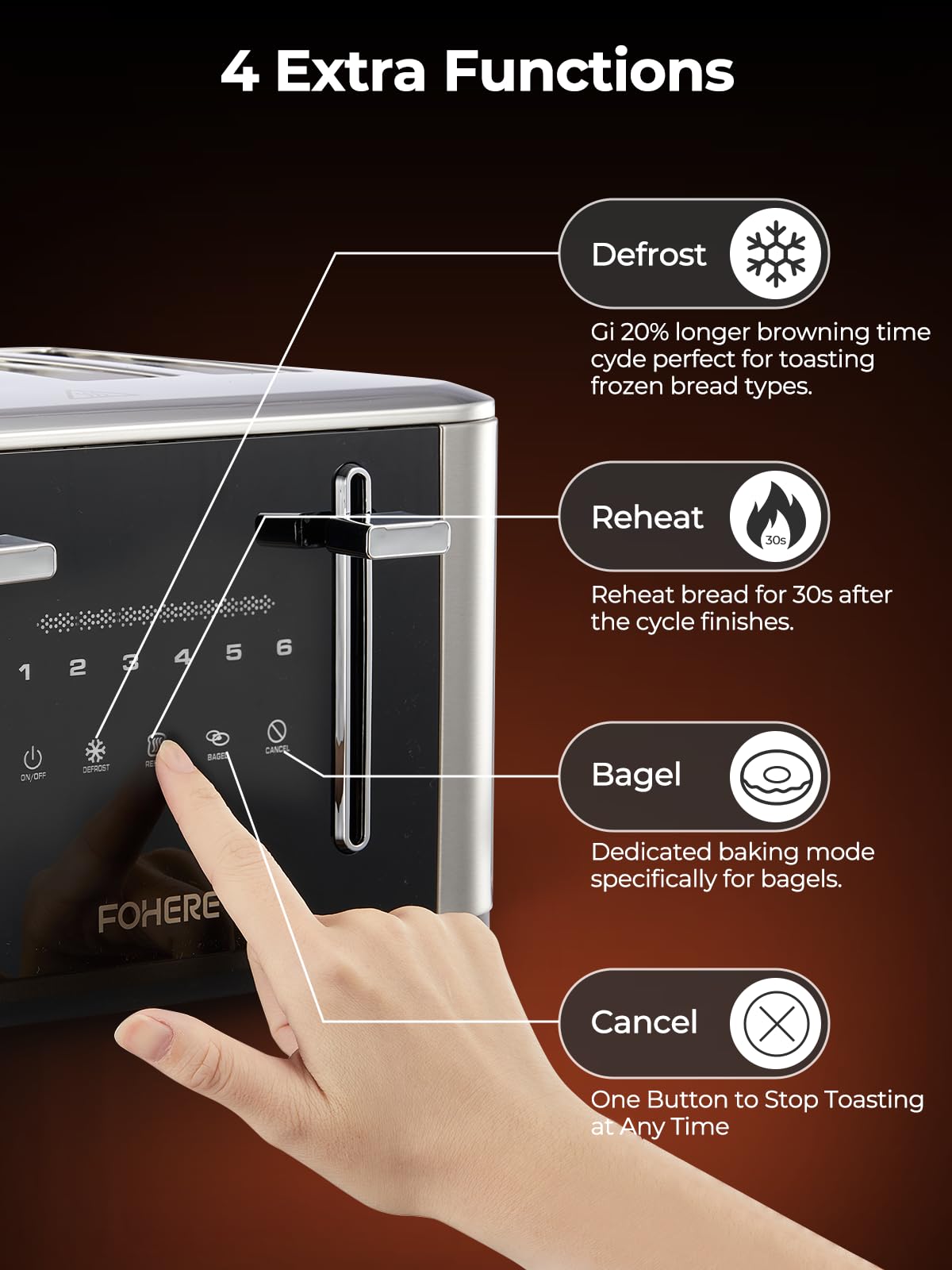 Toaster 4 Scheiben, 1600W Intelligente Edelstahl Toaster, 6 Farbeinstellungen, Voll Touchscreen Bedienung, Extra breiter 1.57 Zoll Schlitz, mit Digitaler Zeitschaltuhr, Krümelschublade, Silber
