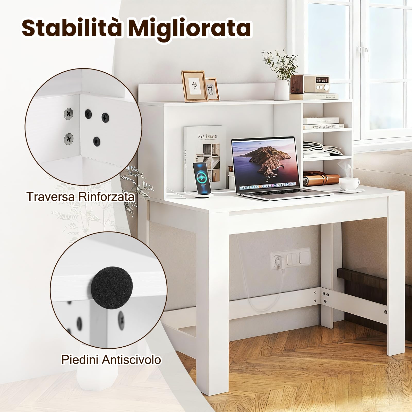 COSTWAY Scrivania per Computer con Libreria, Scrivania Salvaspazio in Legno con Stazione di Ricarica e Foro per Cavi, Scrittoio Moderno per Ufficio, Soggiorno e Studio, 108 x 60 x 125 cm (Bianco)