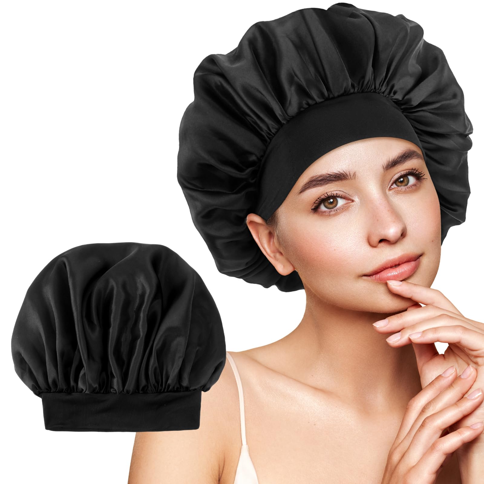 WLLHYF Gorros para hombre, gorro de satén ajustable de seda suave, banda elástica, reversible, grande, para mujeres negras, trenzas de cabello rizado