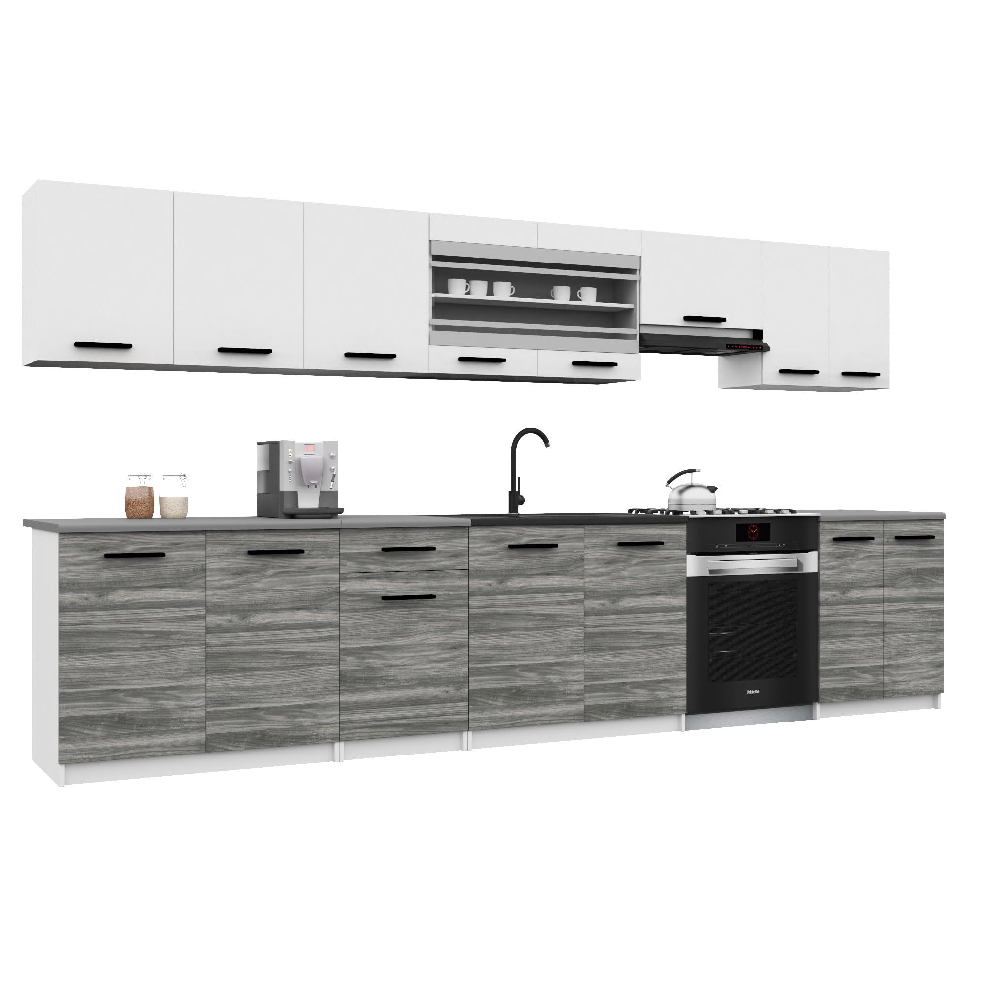 Belini Italia 3 Liniowa szafka kuchenna 320 cm biało-szary Glamour Mat | ECONATURA DECOR Liniowa szafka kuchenna, szafka, bez sprzętu AGD, z blatem roboczym