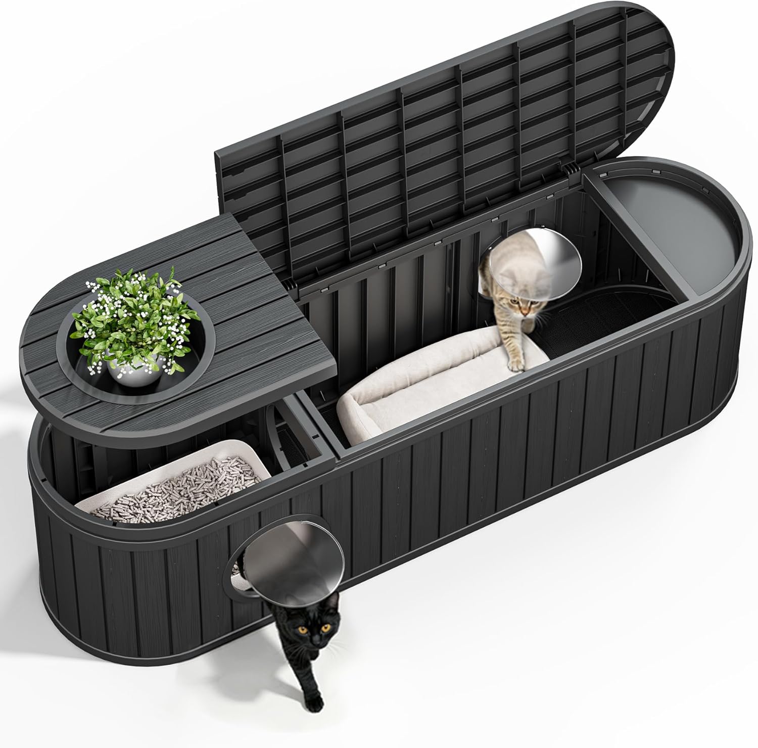 Hidden Litter Box Furniture for 2 Cats, Cat Litter Box Enclosure with Round Lift-up Door, Large Cat Cabinet, Indoor Cats House with Two Exits Black
