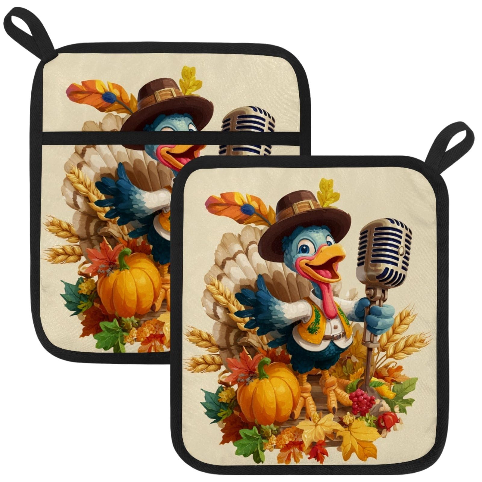 VAPOKF Singing Turkey Pot Holders with Pocket for Kitchen Heat Resistant Potholders Large Polyester-Cotton Square Oven Mitts Set