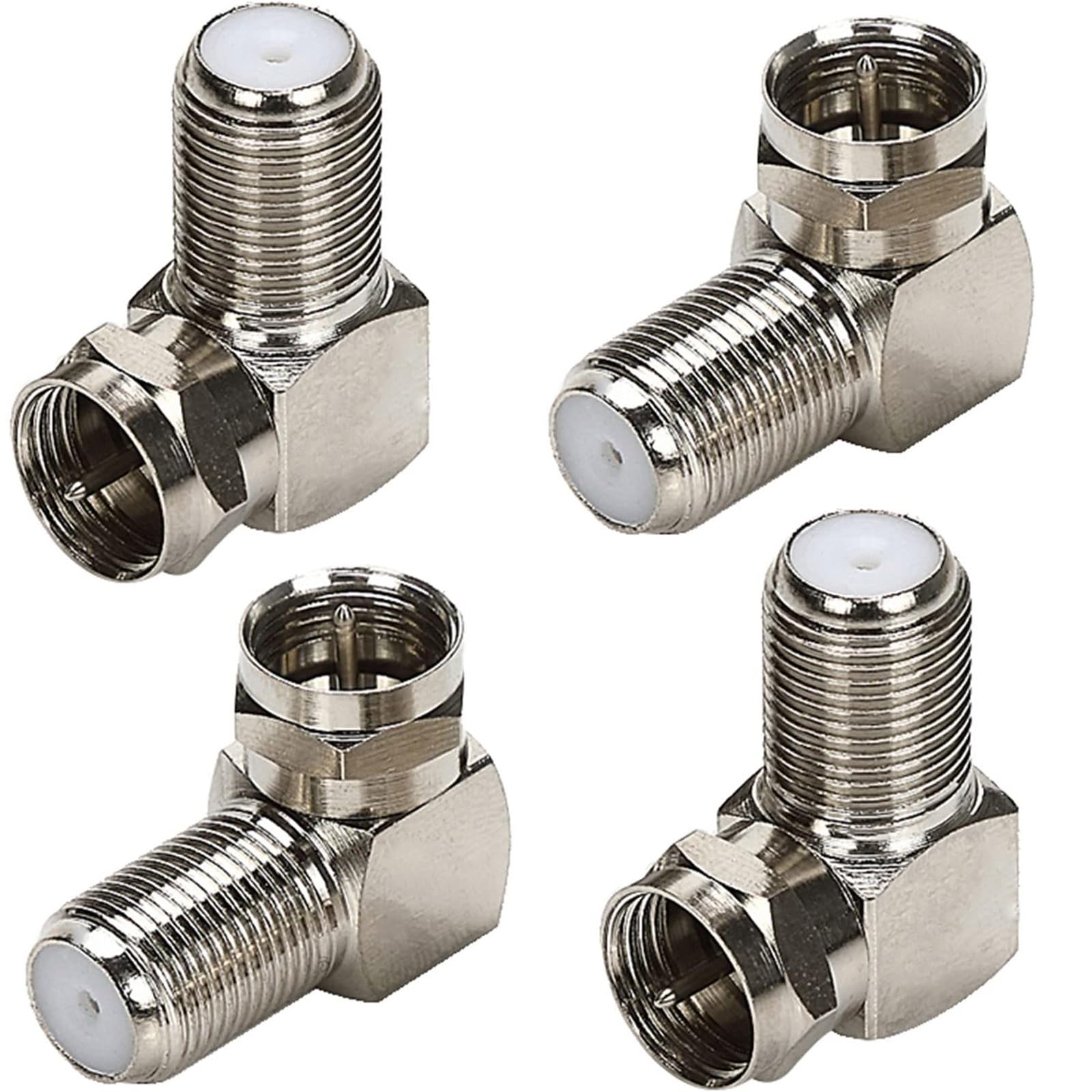 GNAFOTU 4 Pack F Type Right Angle Male to Female Adapters RG6 Gold Plated Coaxial Connectors for Coax Cables, Wall Mounted TV, Wall Plates Coax 90 Degree (Silver)