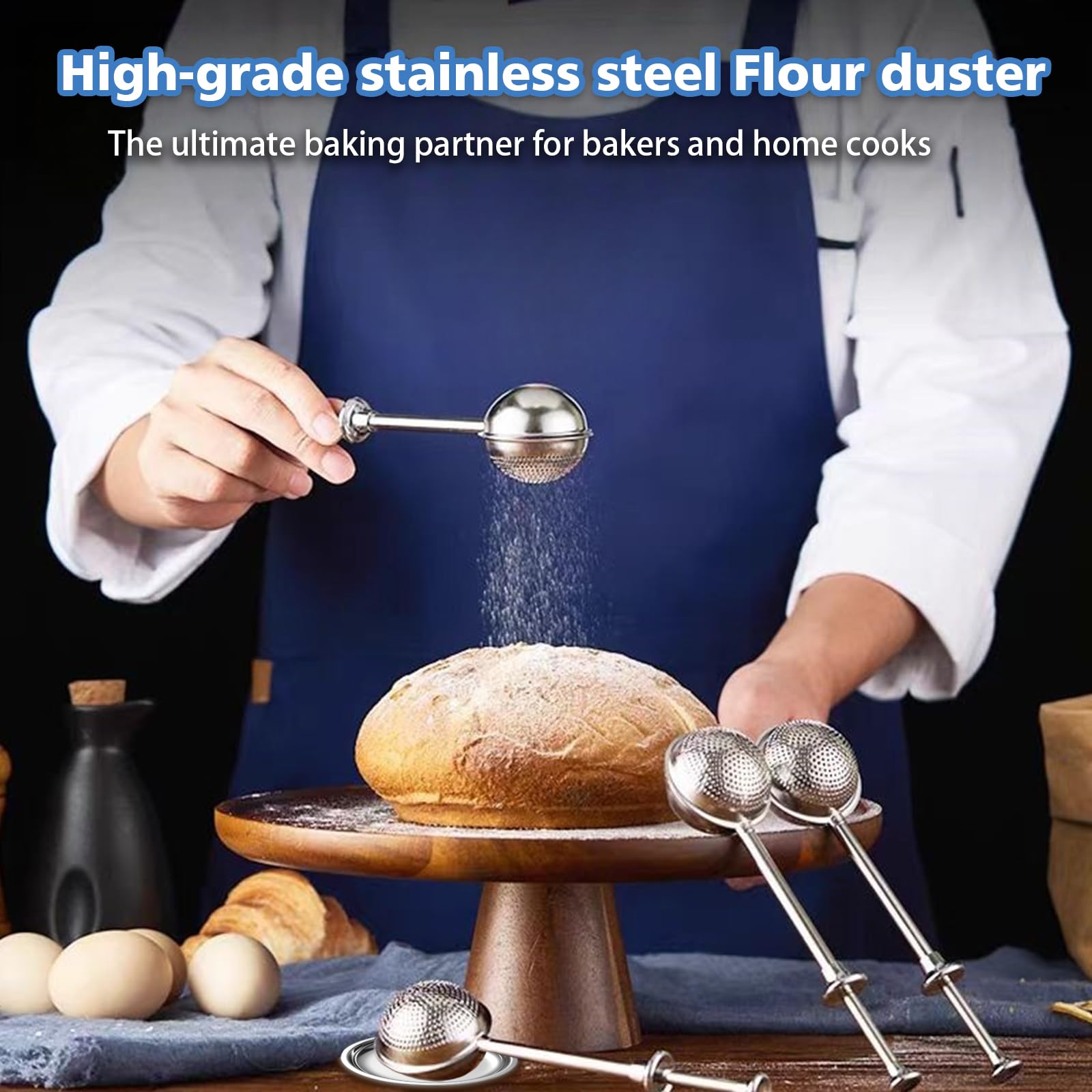 Sourdough Bread Baking Supplies-Flour Sifter;One-Handed Sugar Shaker & Baker'S Dusting Wand for Baking, Coffee, Powder Sugar & Spices?3-Piece Flour Duster Set With Tray & Coffee Scoop Clip ?