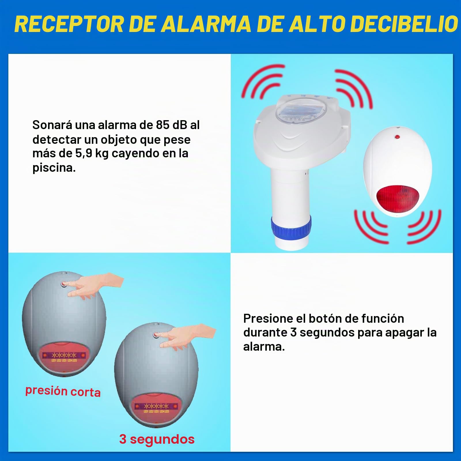 Alarma de Piscina con Receptor Remoto, Sistema de Monitor de ahogamiento subacuático de Piscina, alarmas Junto a la Piscina alimentadas por Pilas para Piscinas enterradas y sobre el Suelo, Protector