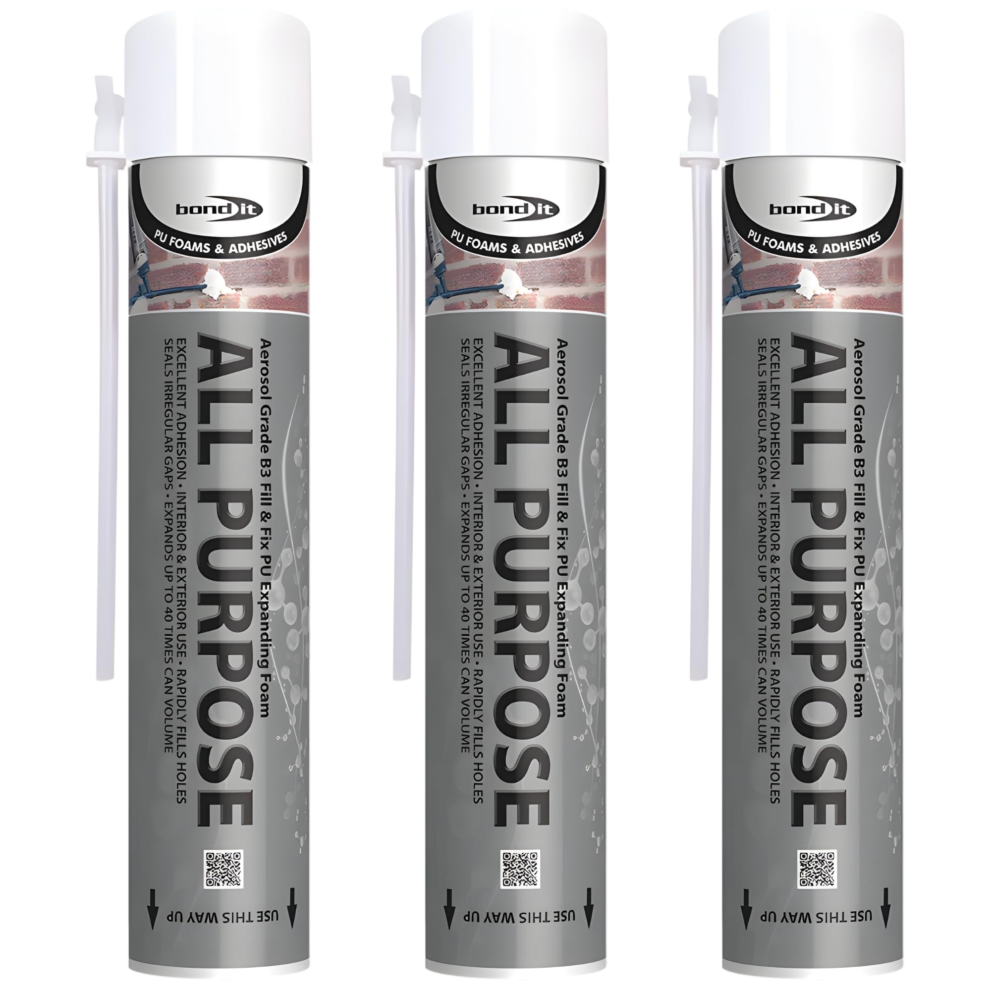 Bond It B3 All Purpose Expanding PU Foam 3 Pack (750ml Each) – Polyurethane Expanding Foam Filler Spray with Nozzle for Gap Filling, Insulating, Sealing, and Fixing Walls, Doors, and Windows