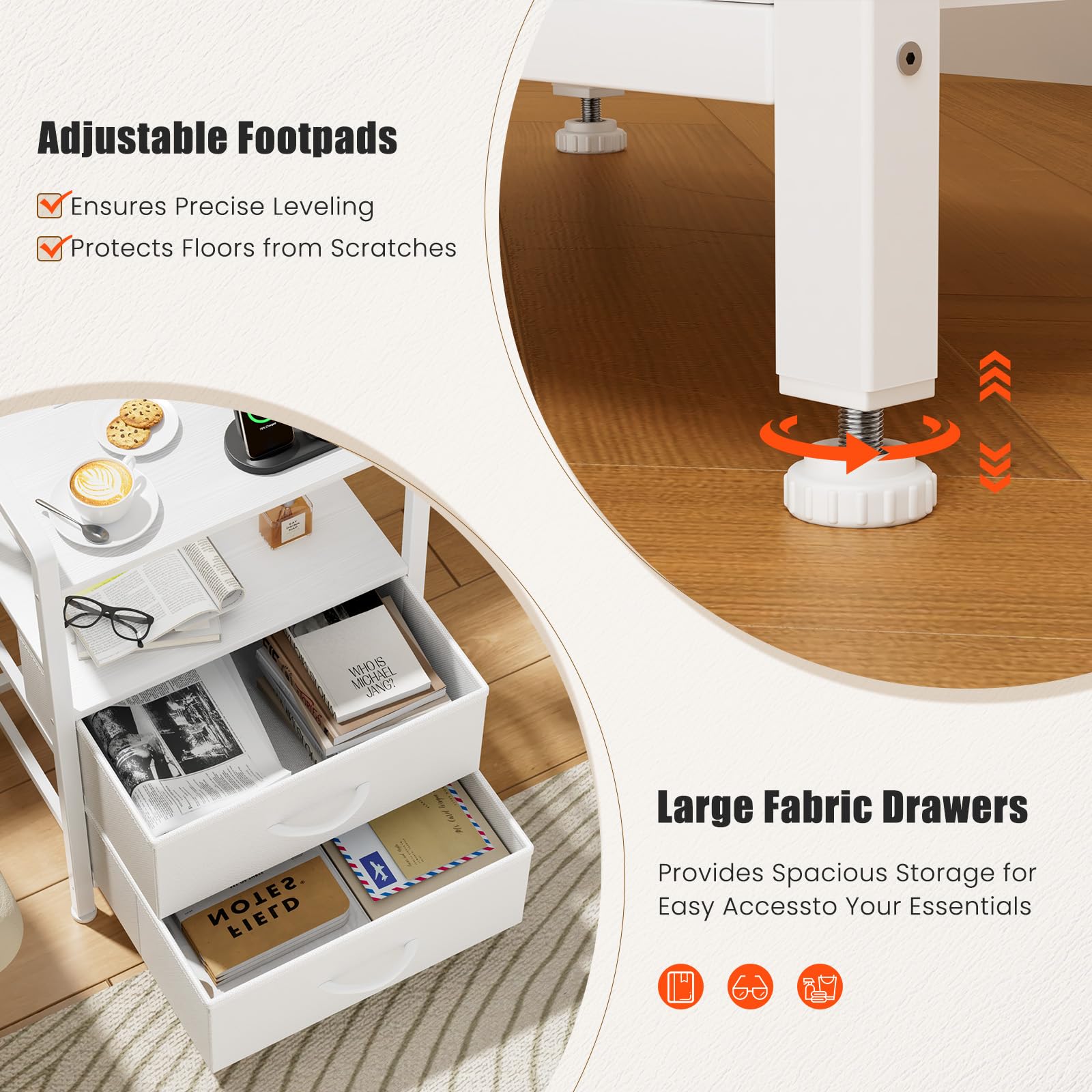 YOUDENOVA Comodino Camera da Letto, Set di 2 Comodini con Luci LED, Presa di Corrente e 2 Porte USB, ComodinI Moderno con 2 Cassetti in Tessuto e 2 Livelli, 30 x 40 x 62cm, Bianco Nuvola