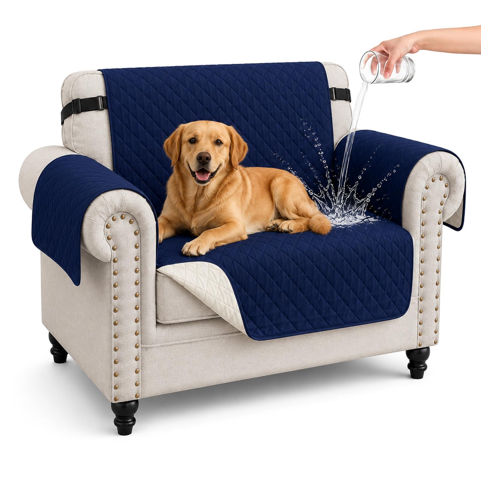 Hiiksolo Water Resistant Sofa Cover, Checkered Pattern with Non Slip Elastic Straps, Couch Protector for Dogs, Settee Covers Furniture Slipcovers, 1 Seater Navy Blue