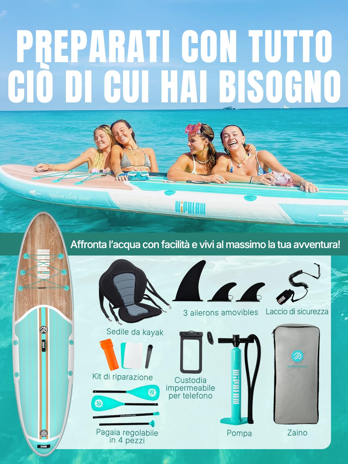 Niphean SUP Gonfiabile Adulti con Tutti gli Accessori, 320cm Stand up Paddle Gonfiabile per Tutti i Livelli, Paddle Board con Capacità di 200kg per 2 Persone, Tavola da SUP Gonfiabile con Sedia