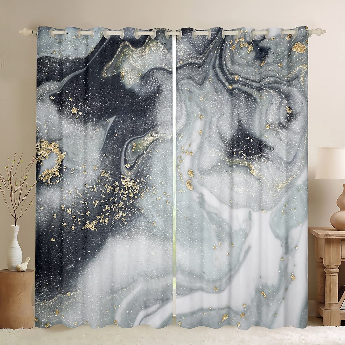 Manfei Grey Marble Blackout Curtain Abstract Stone Texture Window Treatments, Luxurious Marbling Window Drapes for Kids Boys Room Decor Grommet Top 2 Panel Set Bedroom Curtains, 66Wx90L inch