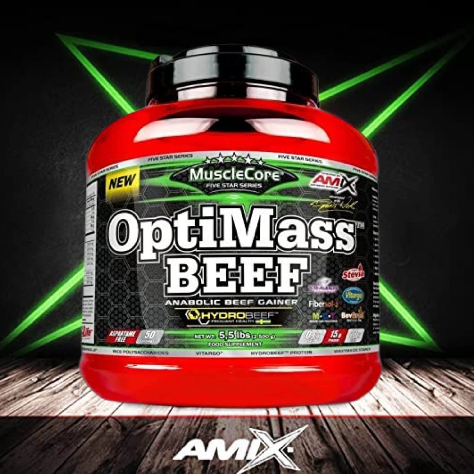 Amix - Complemento Alimenticio en Polvo - Optimass Beef Gainer en 2.5 kg - Carbohidratos de Rápida Absorción - Proteínas de Carne de Vacuno - Sabor Frutas del Bosque