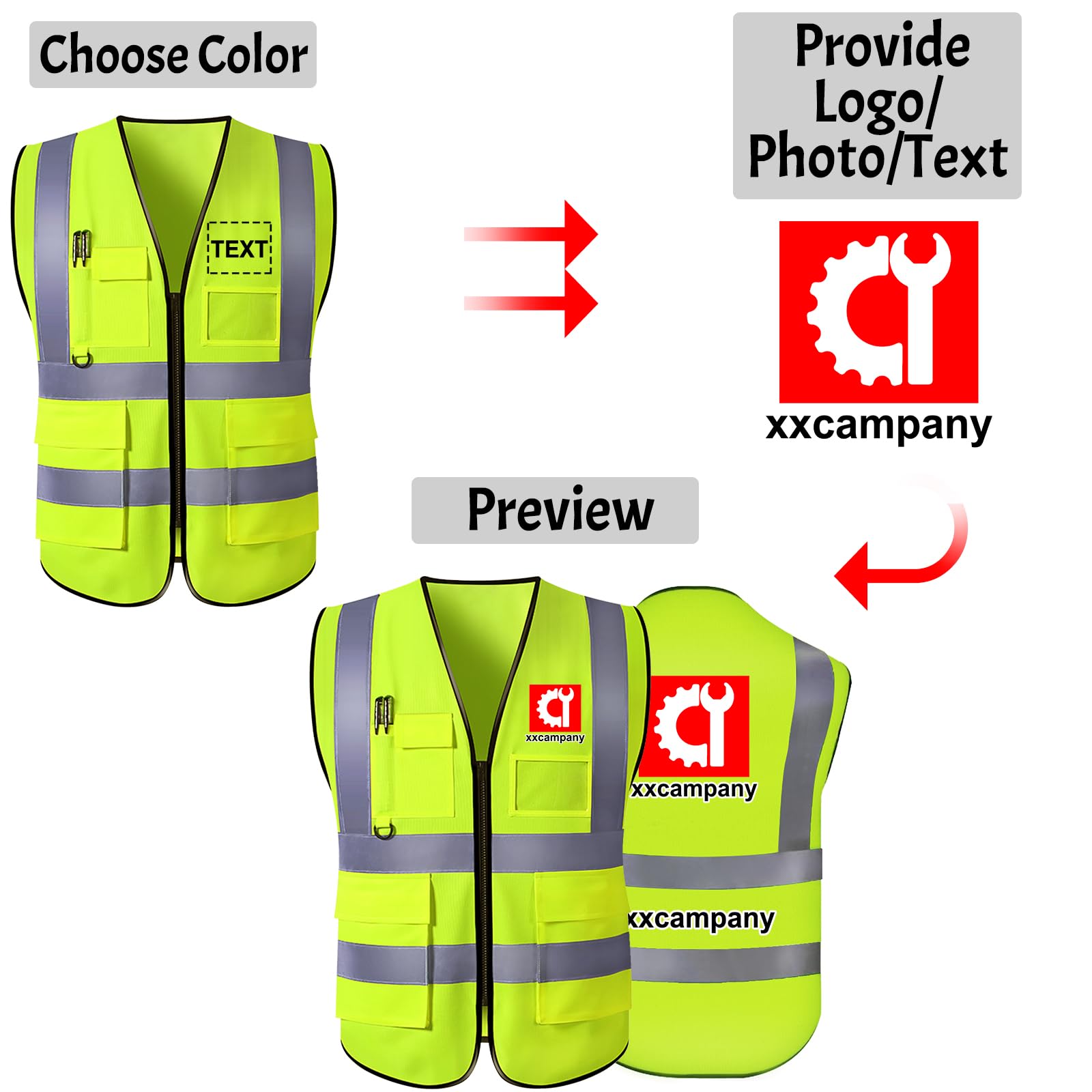 Gilet di sicurezza personalizzato ad alta visibilità, gilet riflettenti con tasche, cerniera, logo personalizzabile, classe 2, per uomo e donna, abbigliamento da lavoro per edilizia
