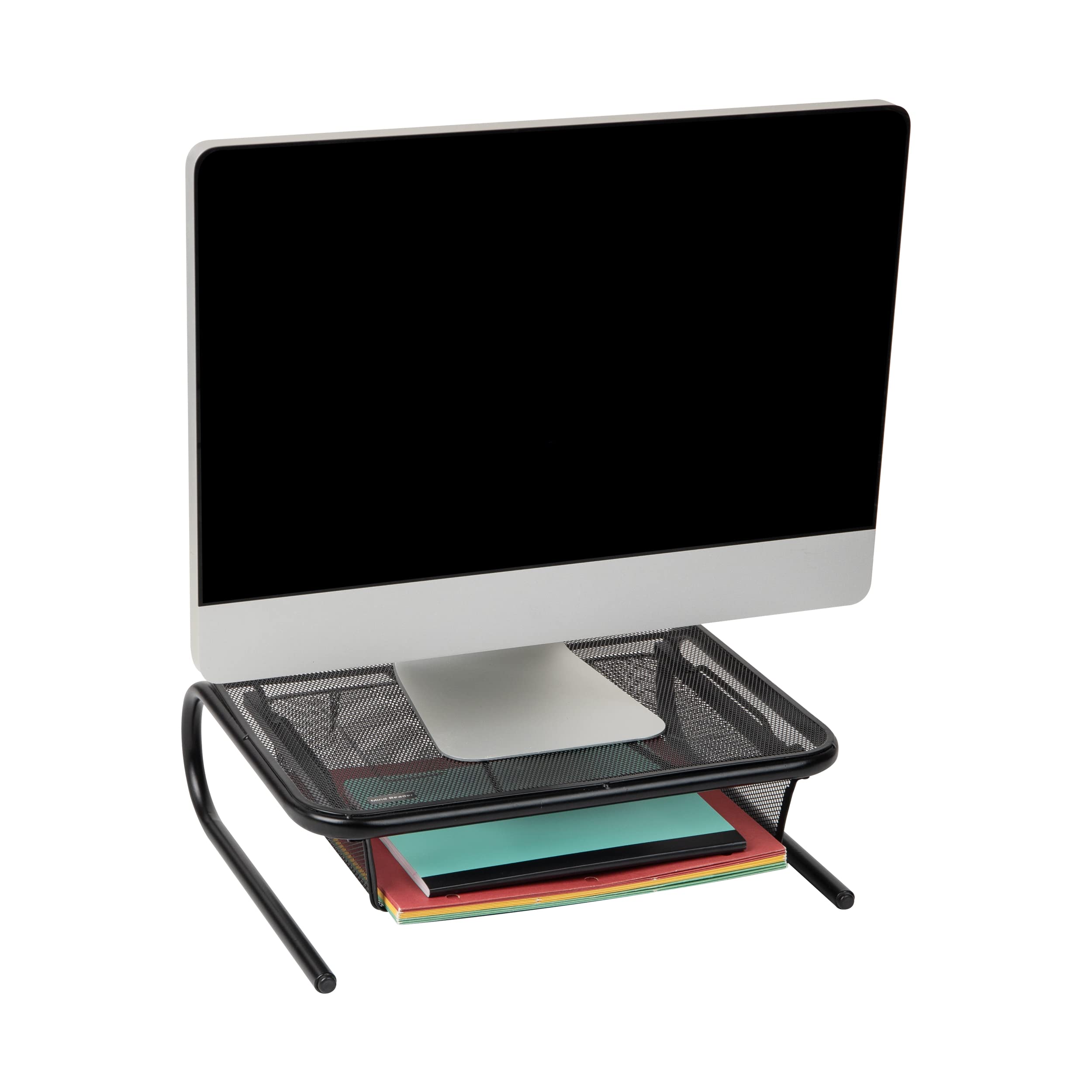 Mind Reader - Supporto per monitor in rete metallica con documenti, cartelle o accessori da scrivania, cassetto nero W