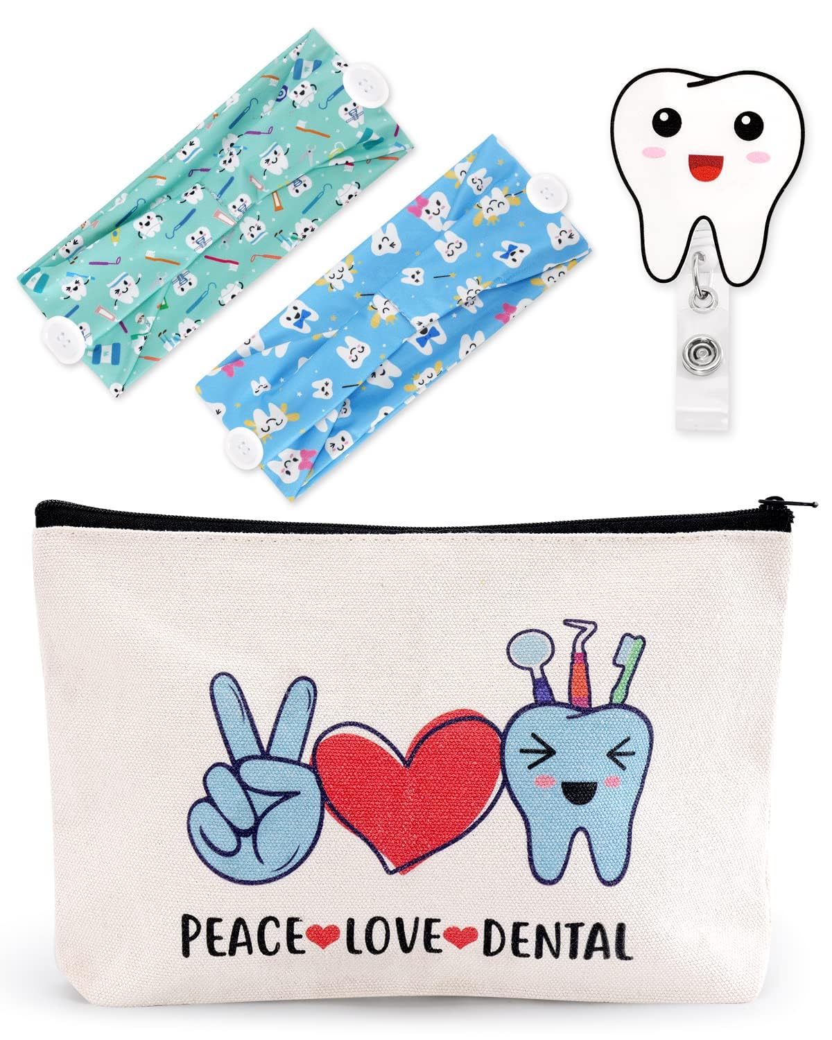 4PCS Dentist Gifts Dental Hygienist Accessories Headbands with Buttons Glitter Acrylic Badge Reel Retractable Teeth Makeup Bag Dentist Physician Appreciation Gift for Women Assistant Week Graduation