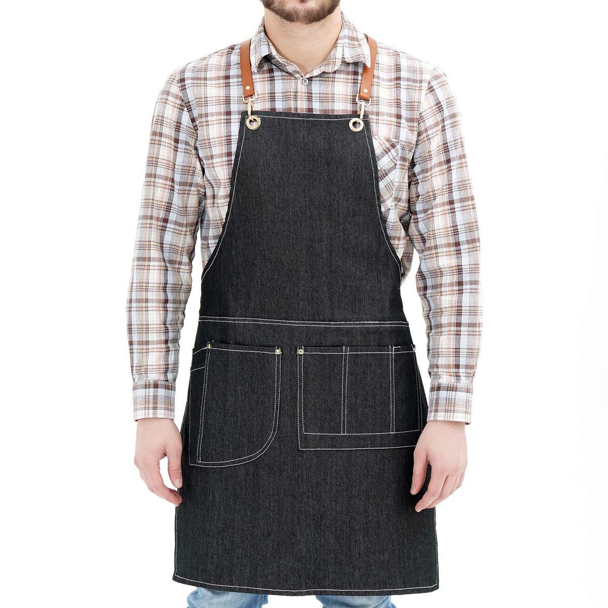 NEOVIVA Black Denim Apron with Pockets Work Apron with Cross-Back Leather Straps for Men, Style Drew, Coal Black