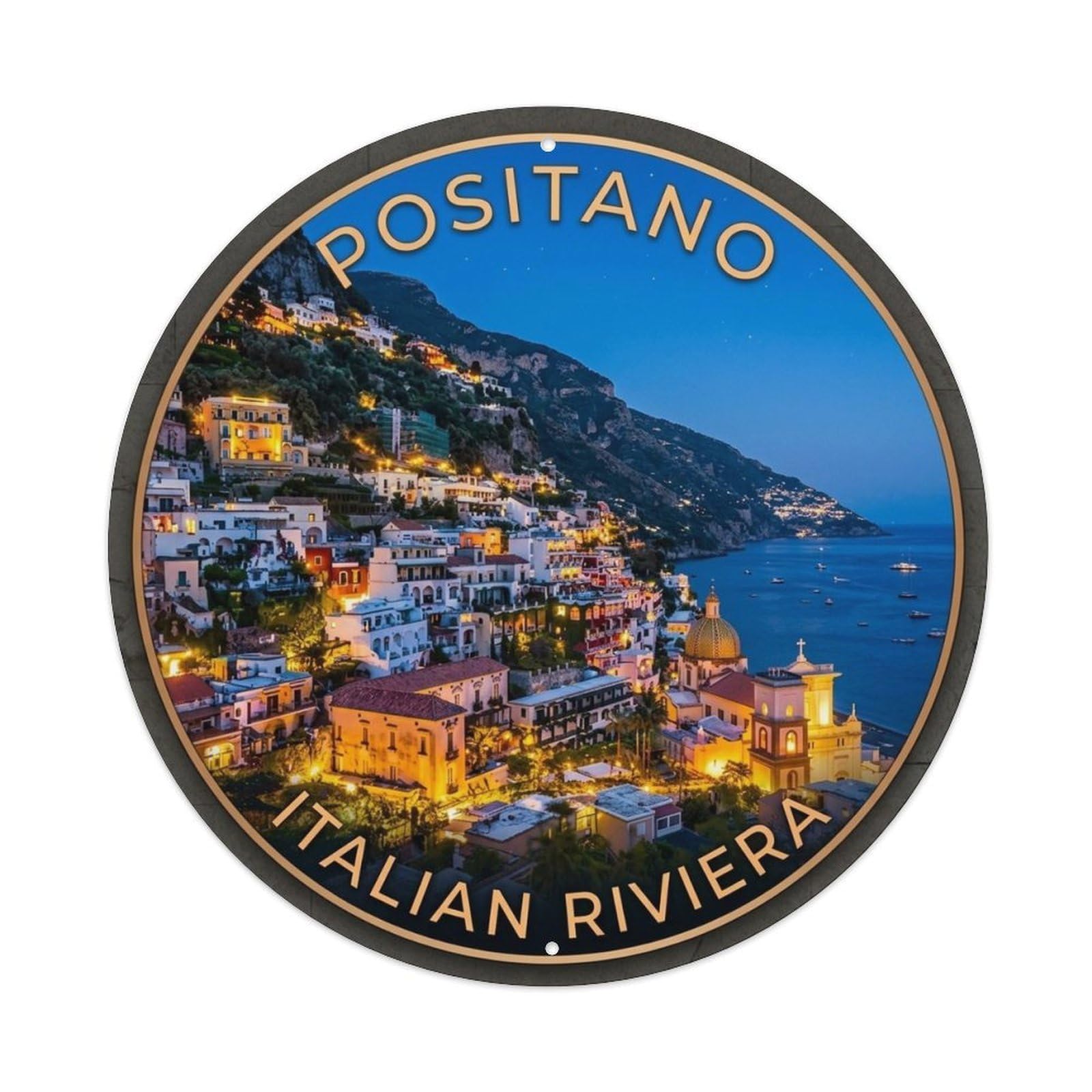 Positano Italy Waterfront Historic Tourism Classic Destination Metal Tin Sign Plaque Wall Decor for Cafe, Man Cave, Club Bar, Office, Home Garden Round Metal Poster 8x8Inch