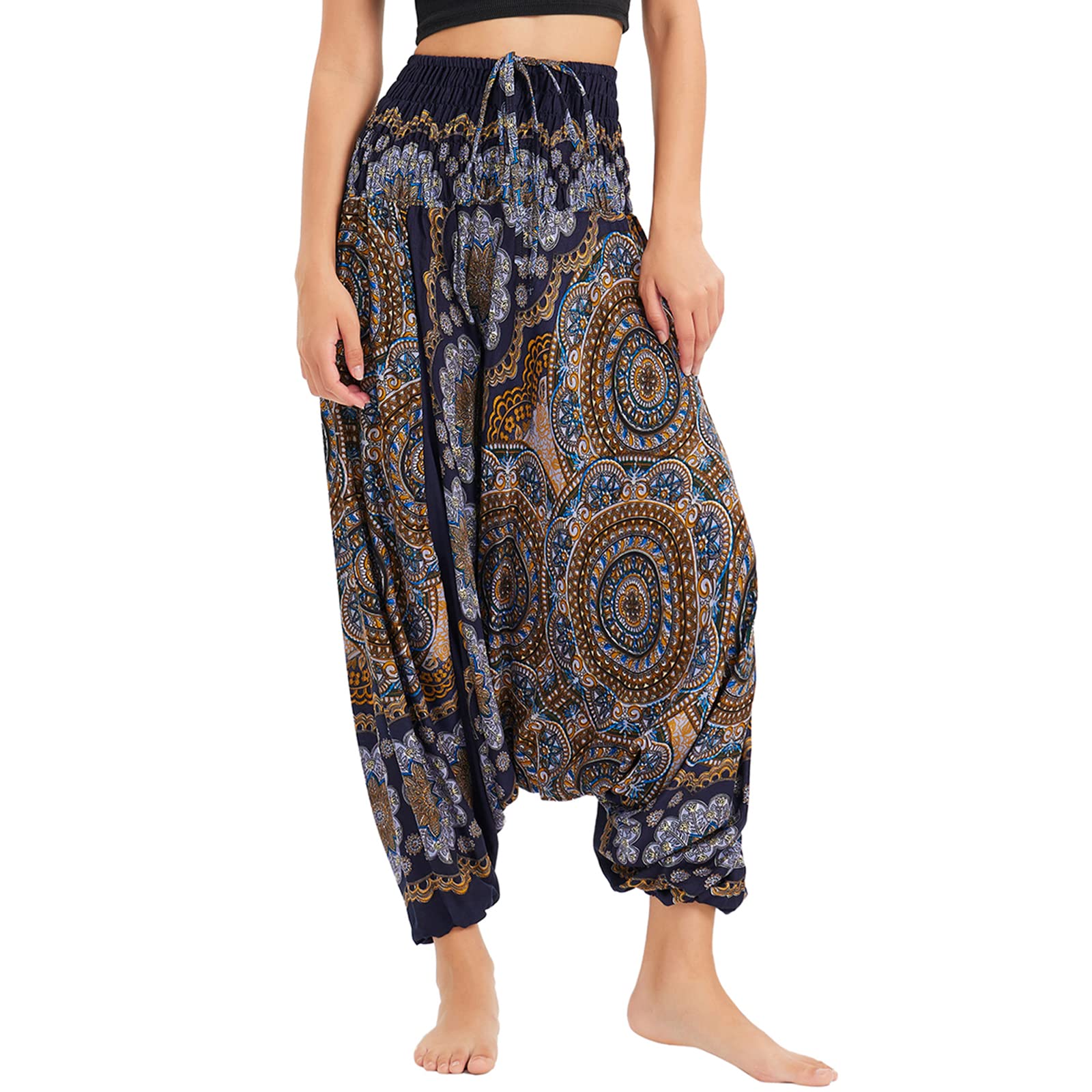 Nuofengkudu Femme Hippie Sarouel Combinaison Pantalon Jumpsuit Taille Haute Large Boheme Fleuri Imprimé Leger Thai Yoga Pants Pyjama Ete Plage